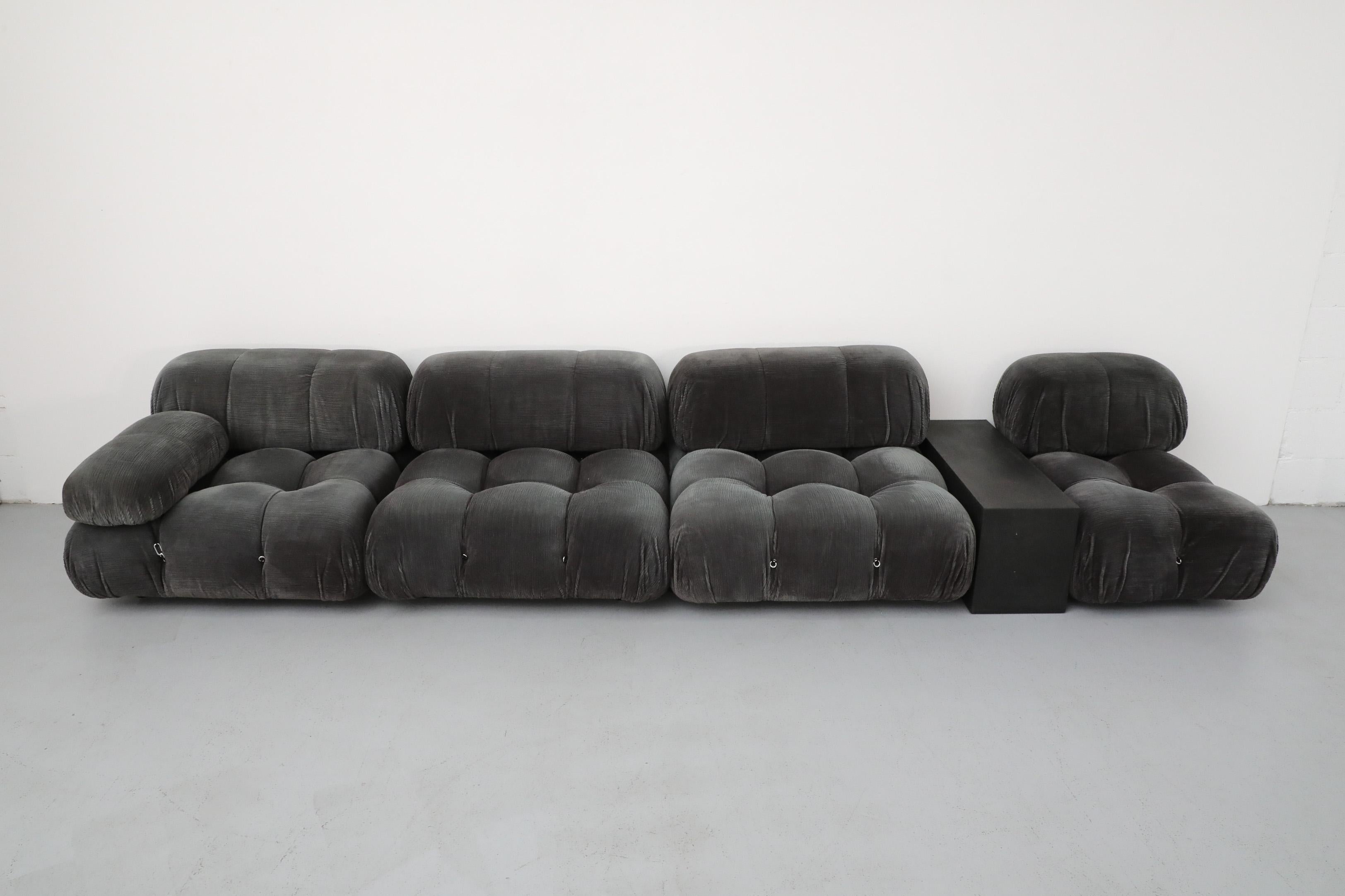 4 Piece 'Camaleonda' sofa in gray velvet fabric Designed by Mario Bellini for B&B Italia, 1970. The modular sofa comes with three 36” wide seats and one 25” smaller seat. All seats come with a backrest and one includes an armrest. Originally