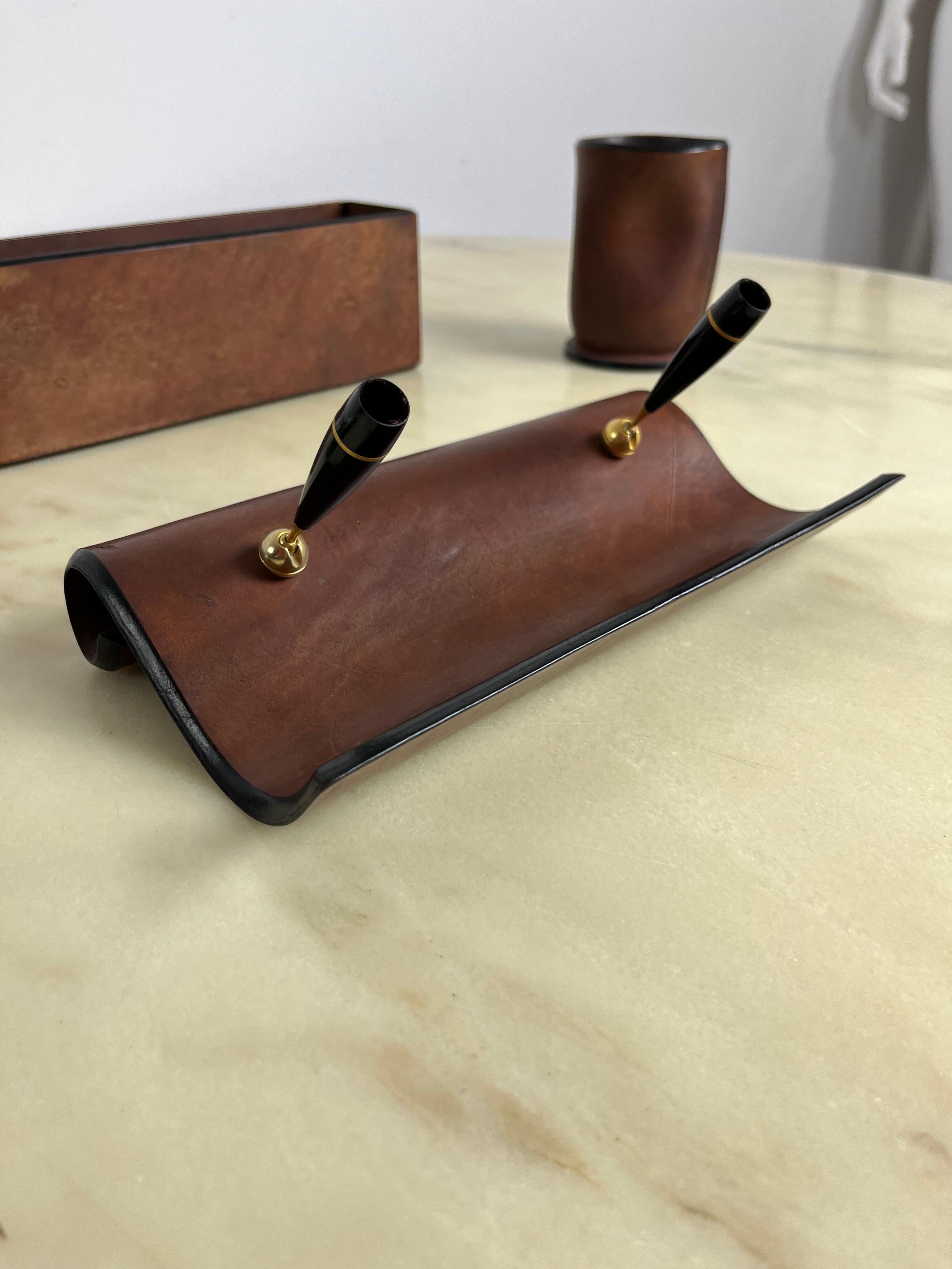 Italian 4 Piece Leather Desk Set 1980s For Sale