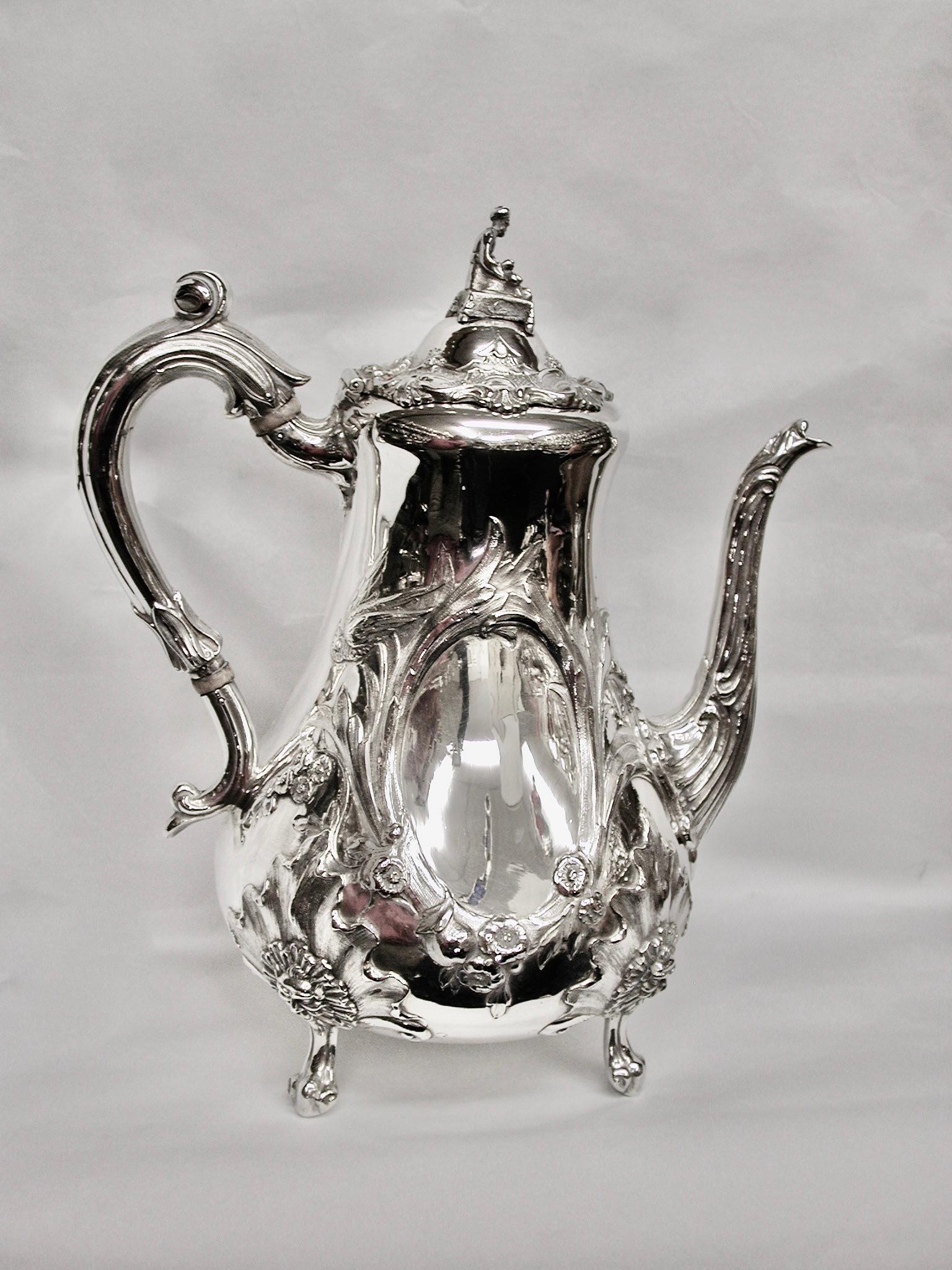 Mid-19th Century 4 Piece Scenic Victorian Silver Tea & Coffee Set Robert Harper 1862/63 London For Sale