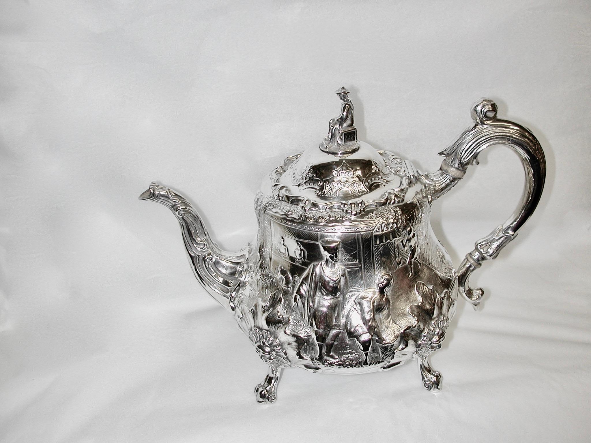 Sterling Silver 4 Piece Scenic Victorian Silver Tea & Coffee Set Robert Harper 1862/63 London For Sale