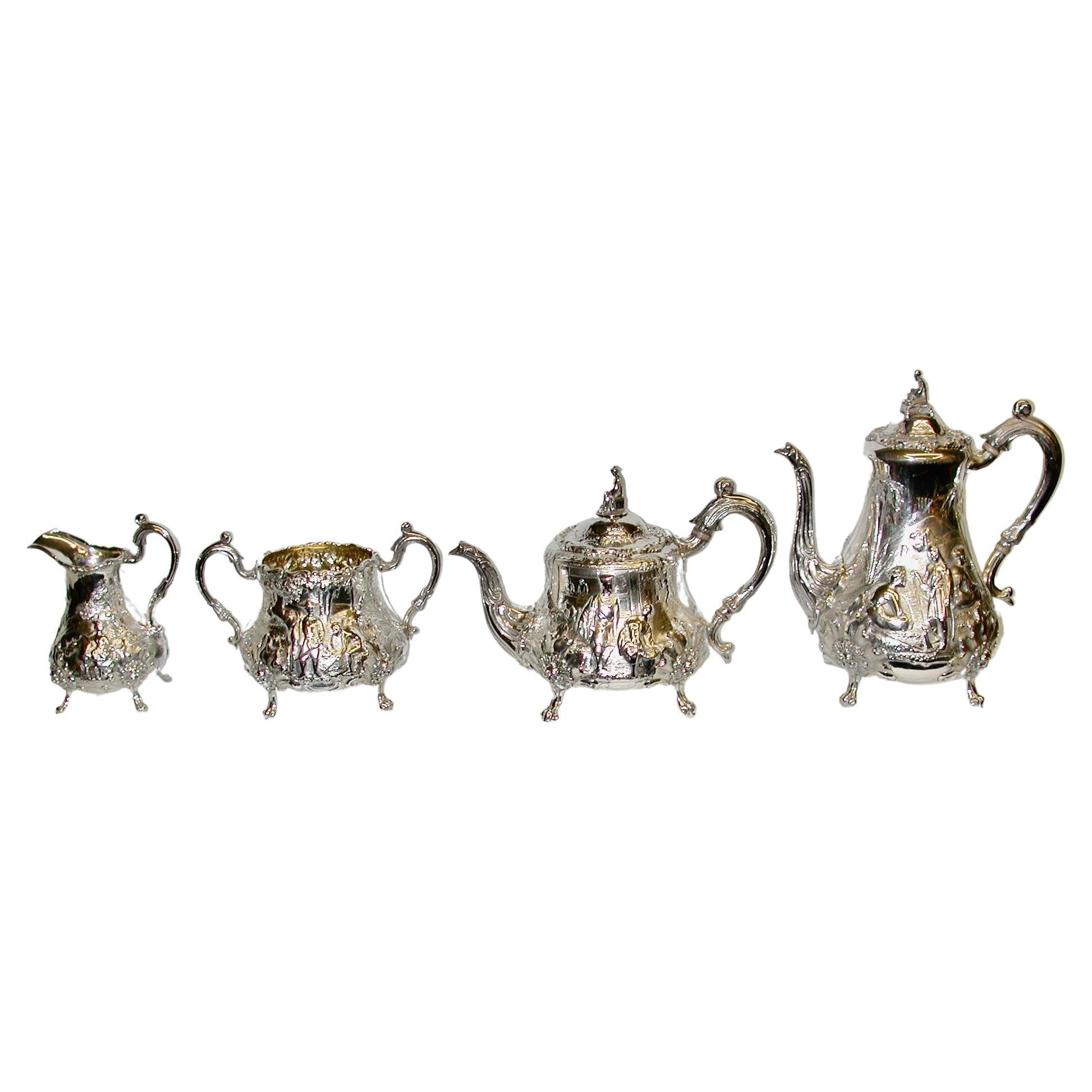 4 Piece Scenic Victorian Silver Tea & Coffee Set Robert Harper 1862/63 London For Sale