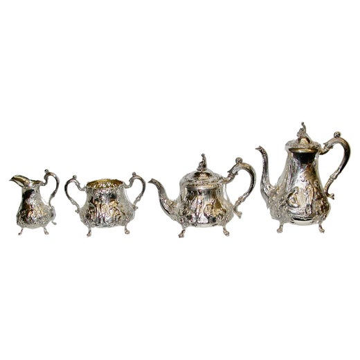 4 Piece Scenic Victorian Silver Tea & Coffee Set Robert Harper 1862/63 London