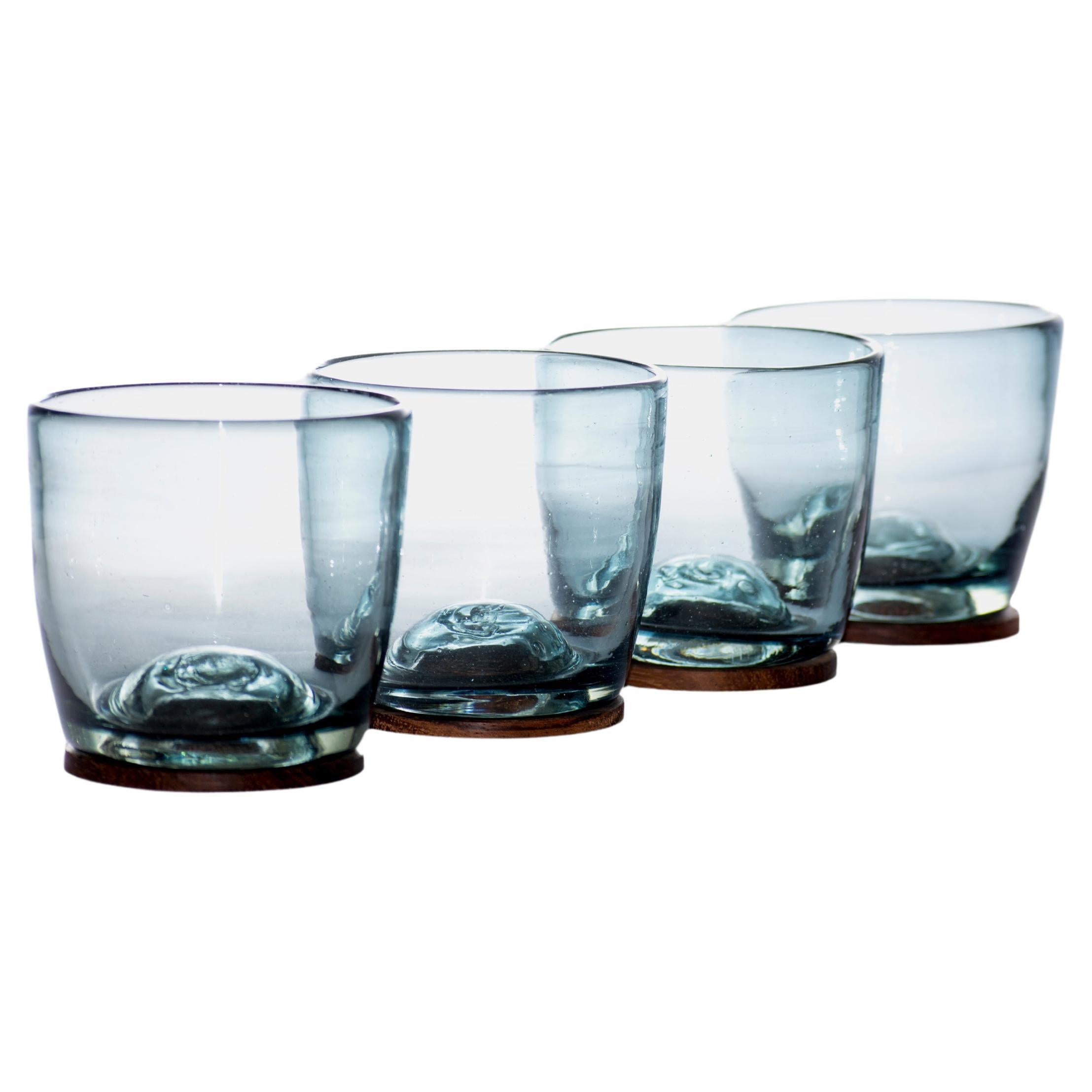 4 Piece Set of Grey Hand Blown Glasses with Parota Wood Coasters For Sale