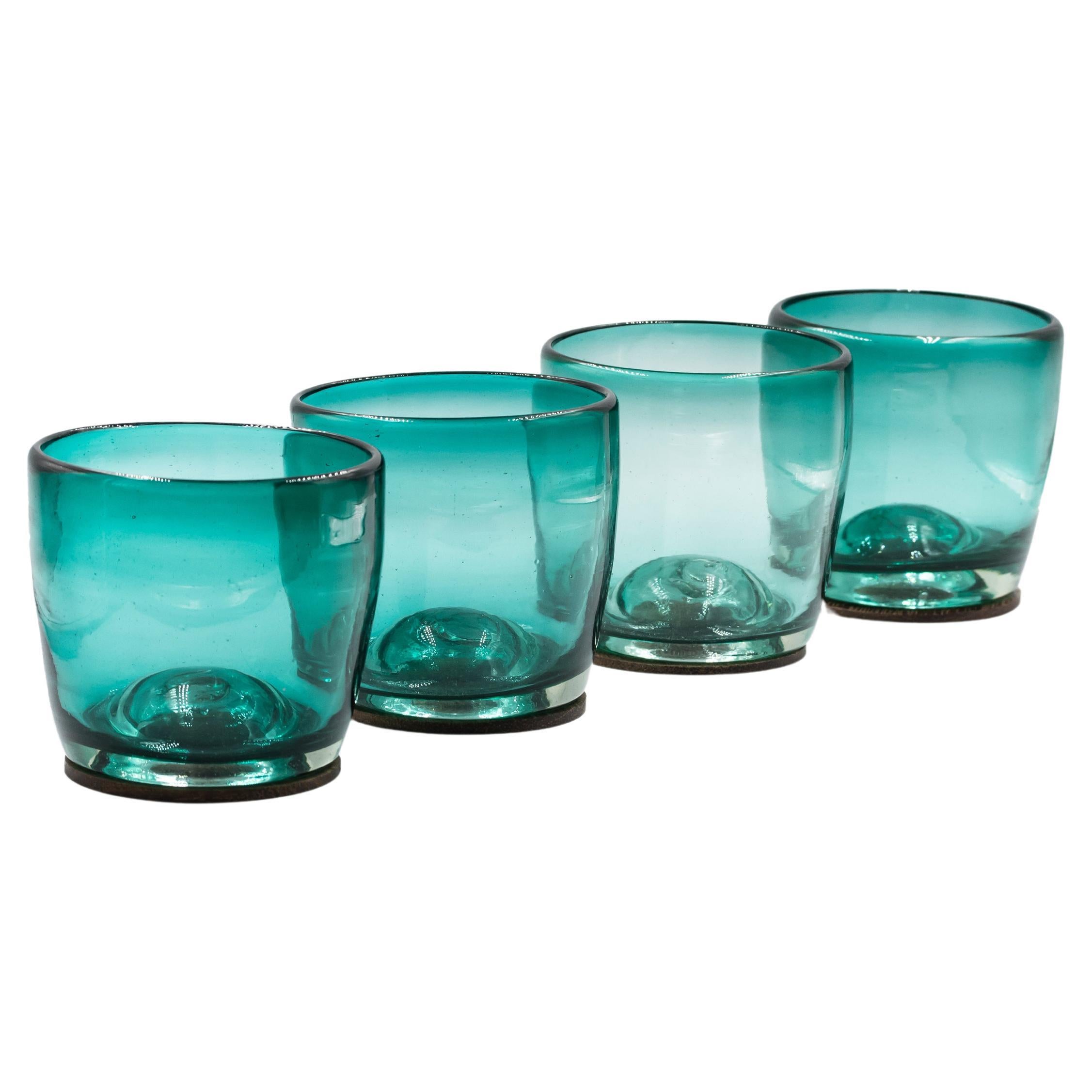 4 Piece Set of Green Hand Blown Glasses with Parota Wood Coasters For Sale