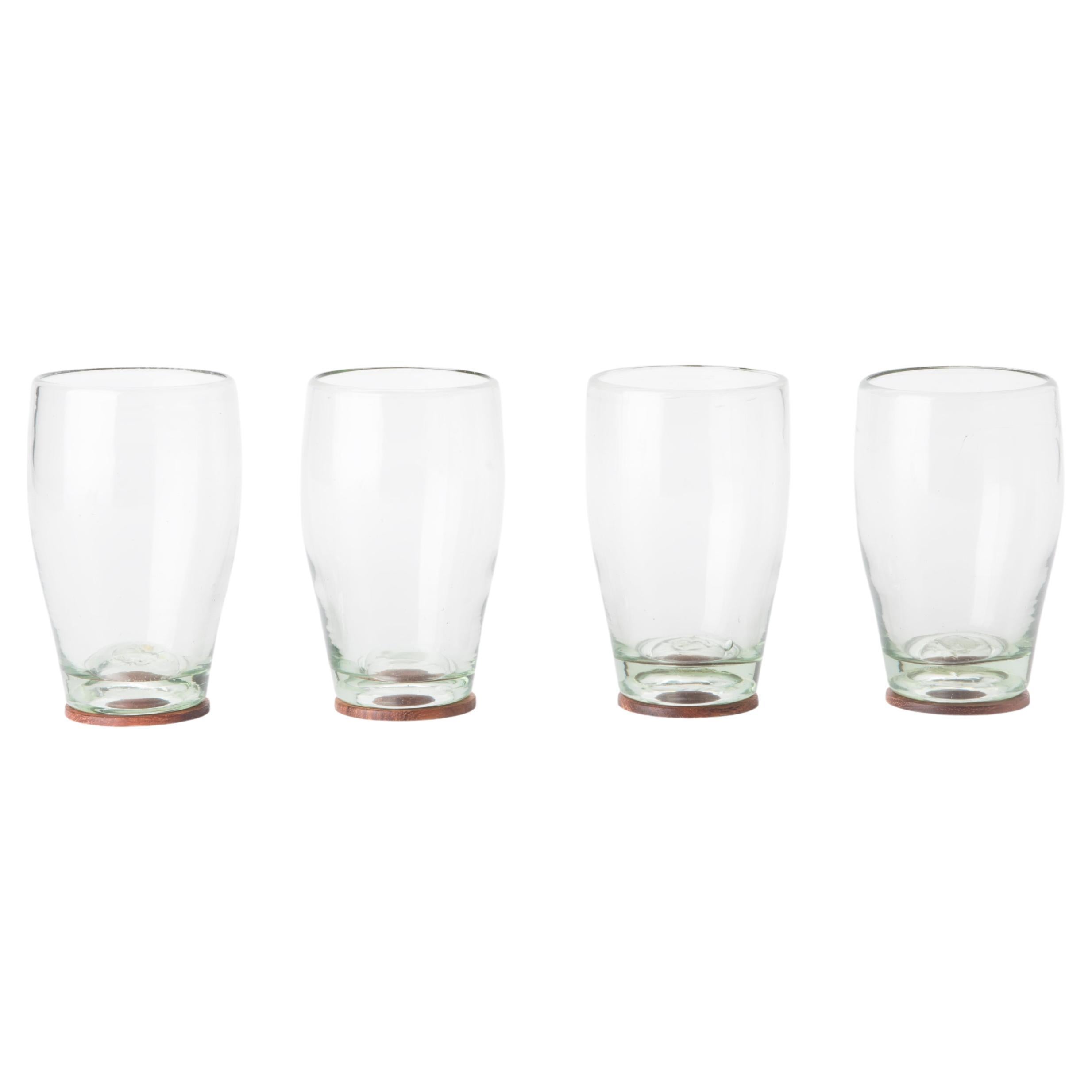 4 Piece Set of Transparent Hand Blown Highball Glasses with Parota Wood Coasters For Sale