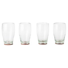 4 Piece Set of Transparent Hand Blown Highball Glasses with Parota Wood Coasters