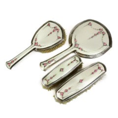 4 Piece Sterling Silver & Guilloche Enamel Vanity Set by R. Blackinton Company