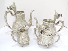 4 Piece Sterling Silver Stieff Antique Floral Repousse Tea / Coffee Service