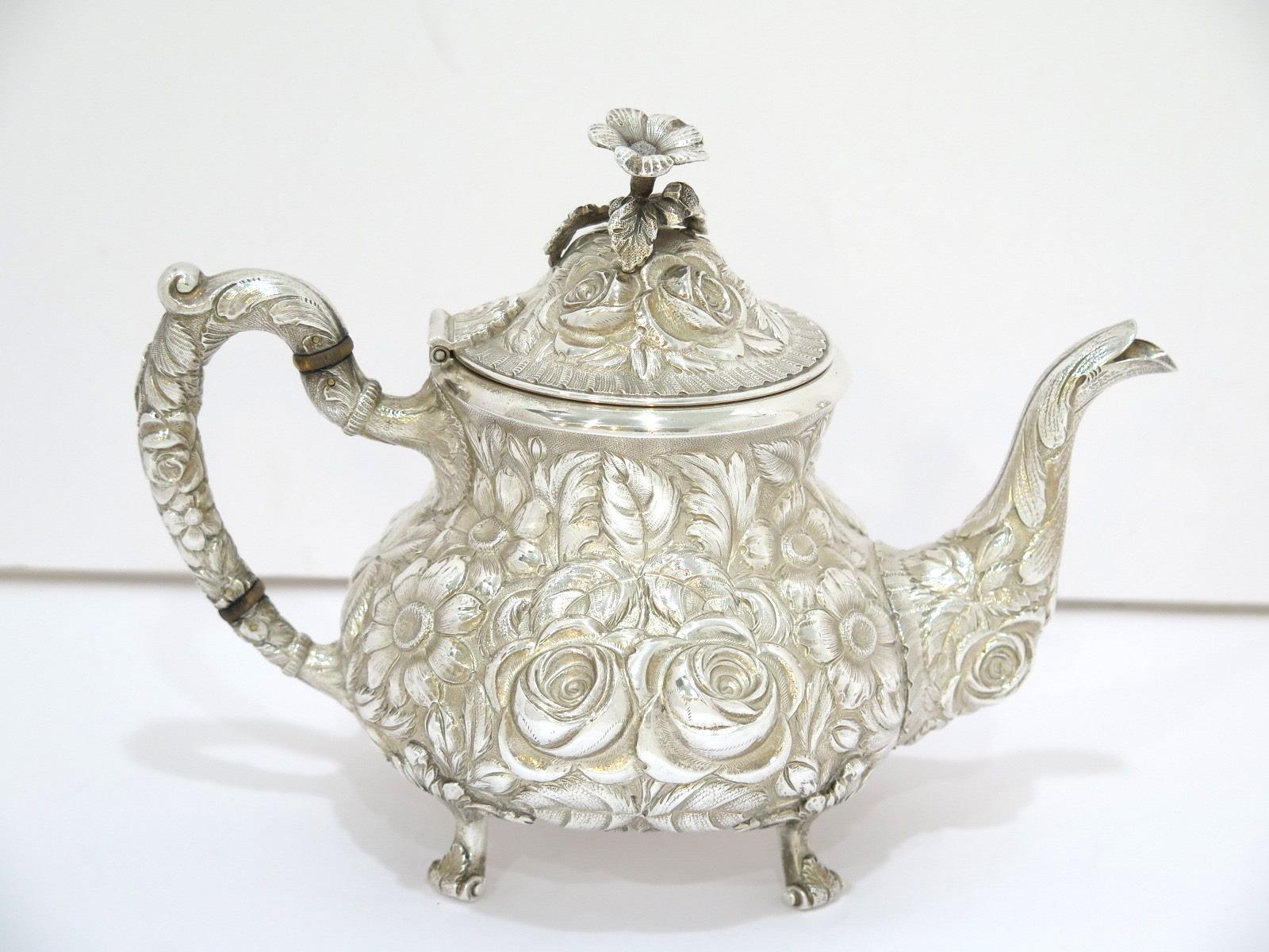 Repoussé 4 Piece Sterling Silver Stieff Antique Floral Repousse Tea / Coffee Service For Sale