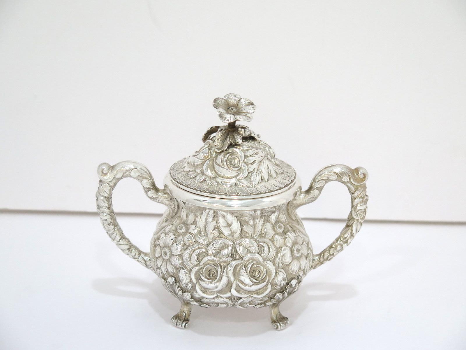 4 Piece Sterling Silver Stieff Antique Floral Repousse Tea / Coffee Service In Good Condition For Sale In Brooklyn, NY