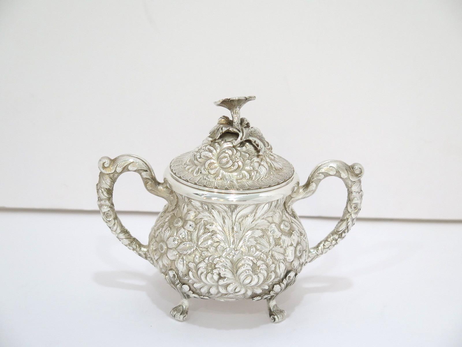 Mid-20th Century 4 Piece Sterling Silver Stieff Antique Floral Repousse Tea / Coffee Service For Sale