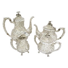 4 Piece Sterling Silver Stieff Antique Floral Repousse Tea / Coffee Service