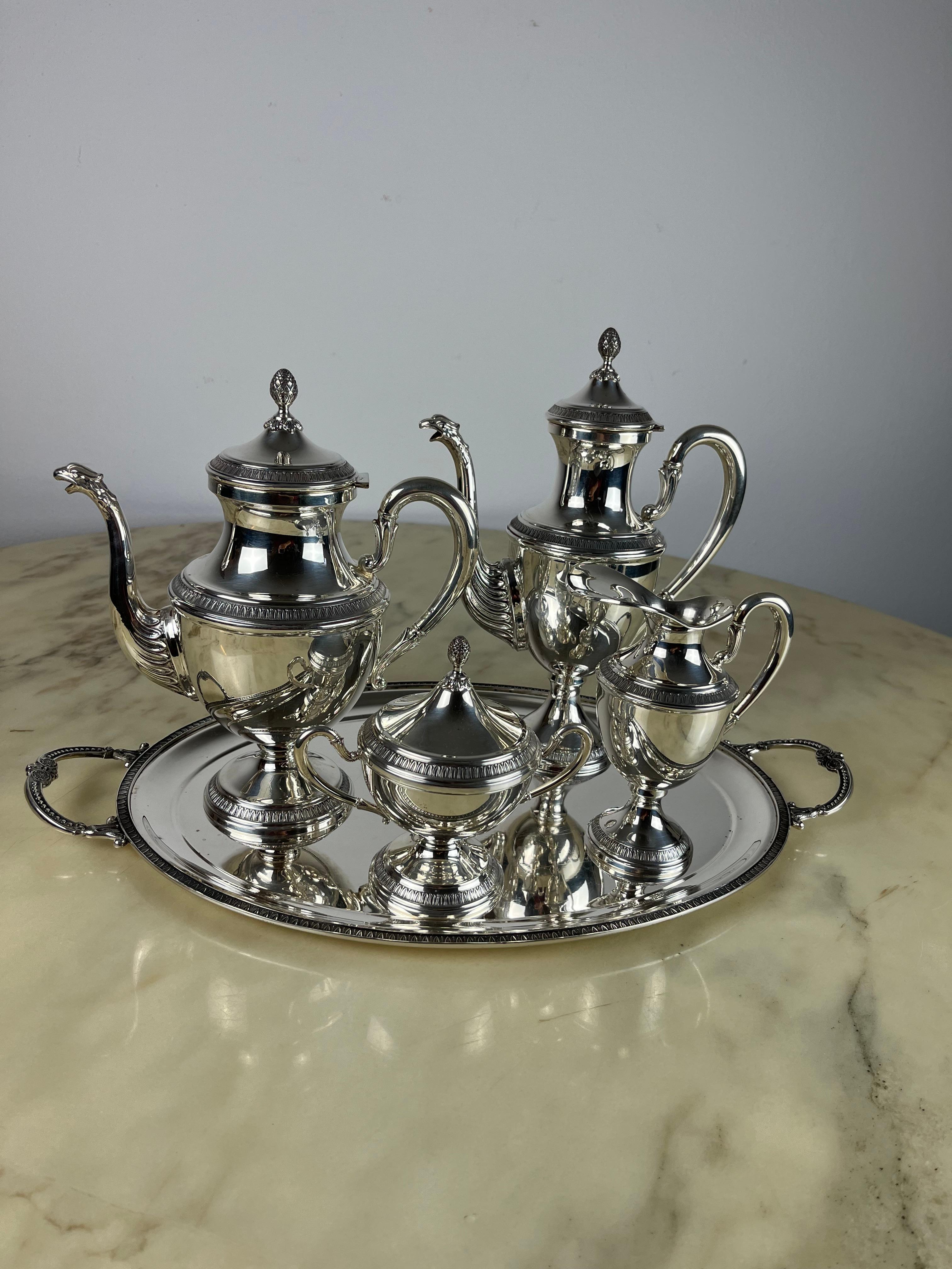 Italian 4-Piece Tea and Coffee Service Plus Tray, Empire Style, 800 Silver, Italy, 1980 For Sale