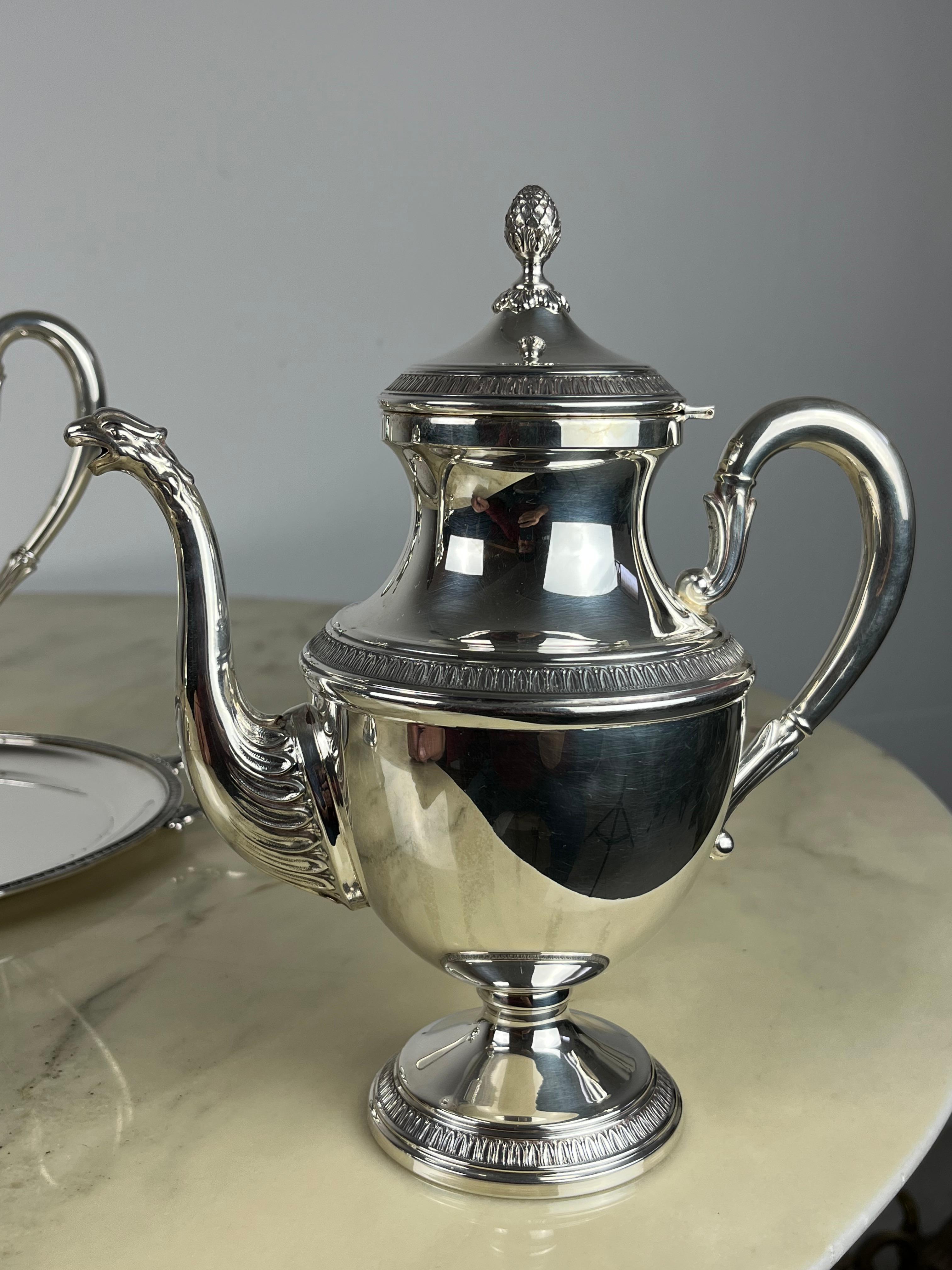 Late 20th Century 4-Piece Tea and Coffee Service Plus Tray, Empire Style, 800 Silver, Italy, 1980 For Sale