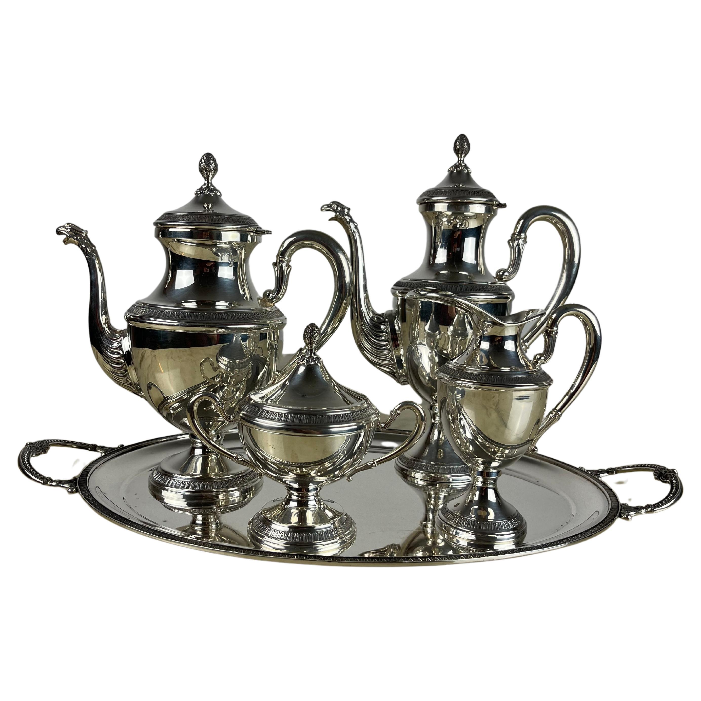 4-Piece Tea and Coffee Service Plus Tray, Empire Style, 800 Silver, Italy, 1980 For Sale