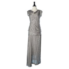 4 pieces evening ensemble in grey silk chiffon with silver speckled  Chanel 