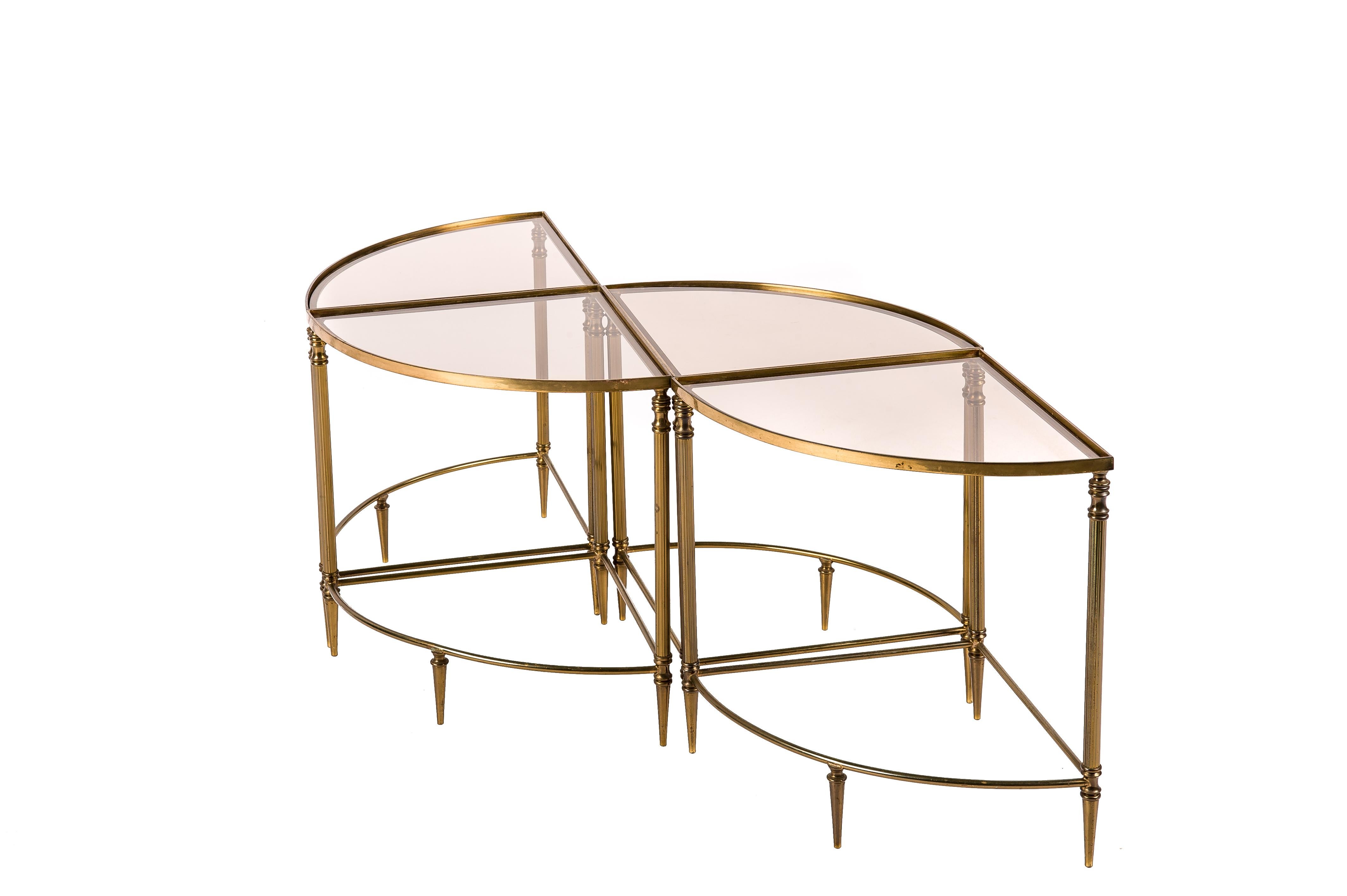 Neoclassical 4 Pieces of French Brass Quarter Round Neo-Classical Tables by Maison Baguès For Sale