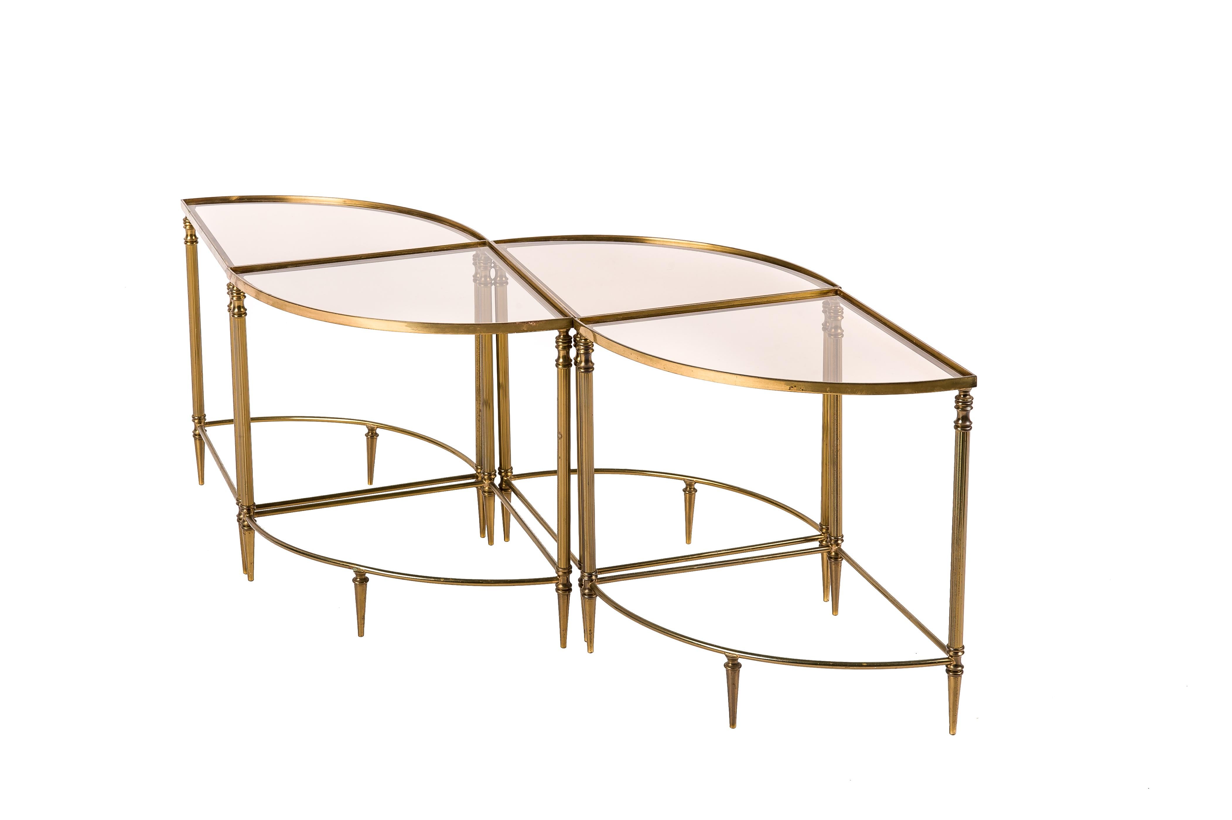 Cast 4 Pieces of French Brass Quarter Round Neo-Classical Tables by Maison Baguès For Sale