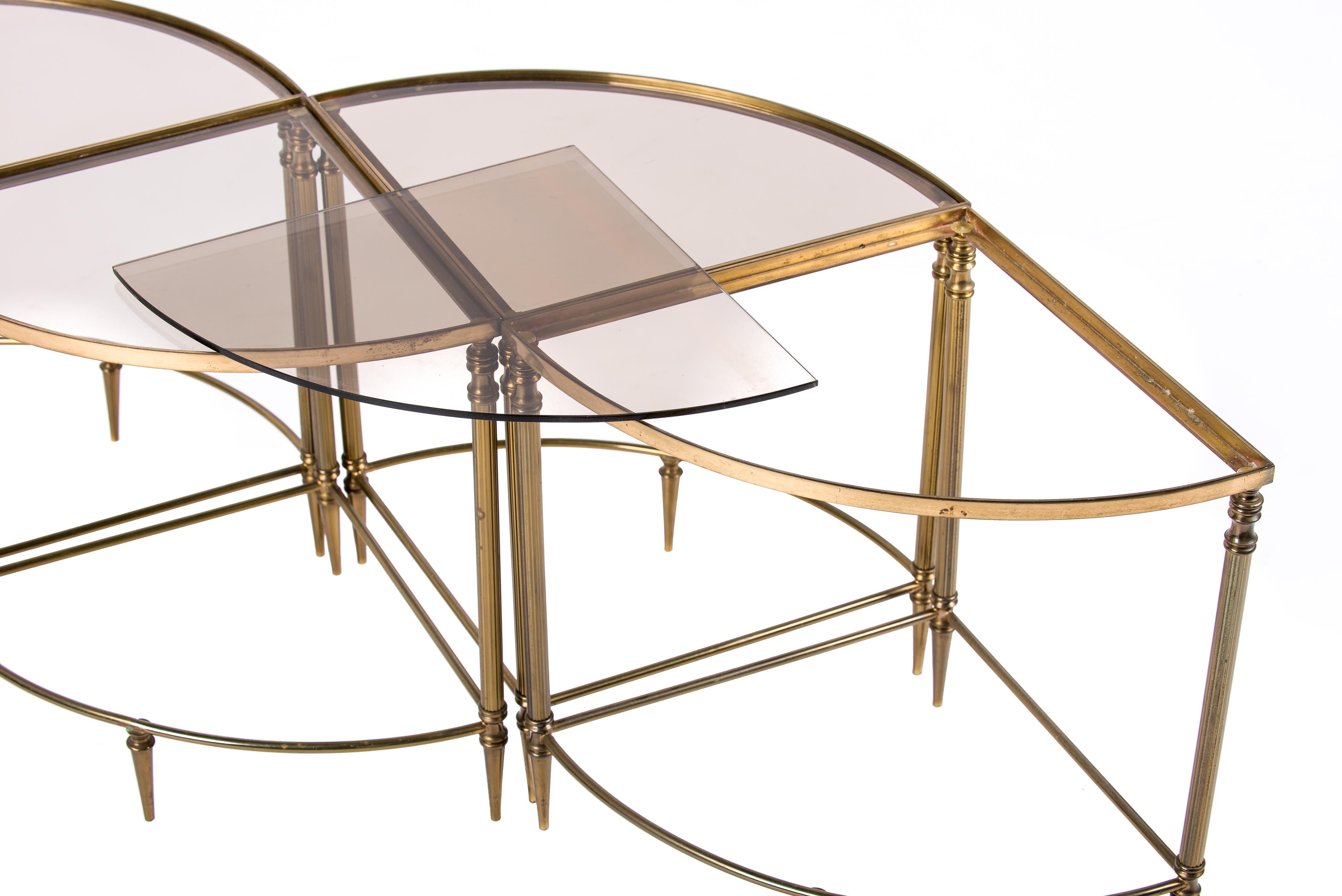 4 Pieces of French Brass Quarter Round Neo-Classical Tables by Maison Baguès For Sale 3