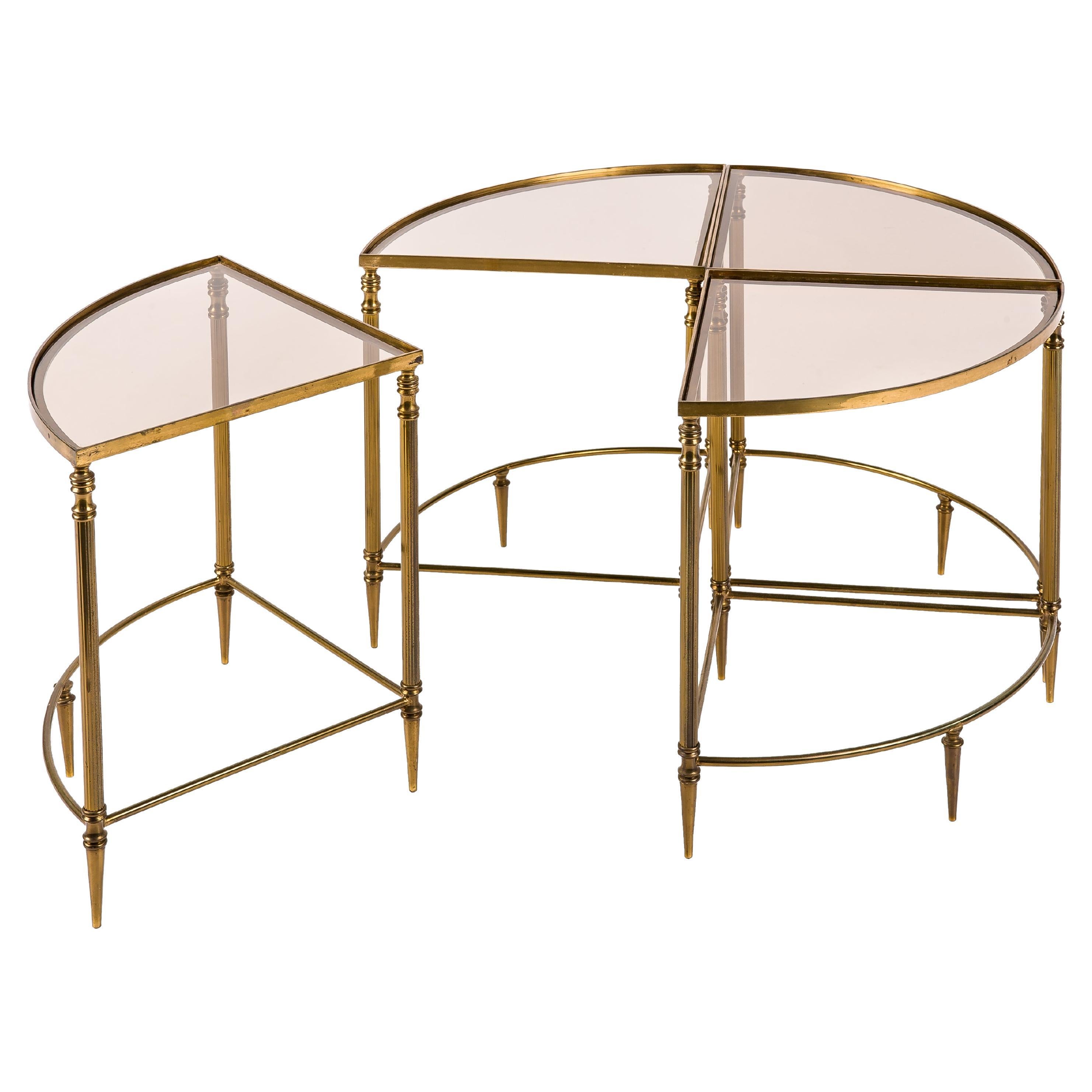 4 Pieces of French Brass Quarter Round Neo-Classical Tables by Maison Baguès For Sale
