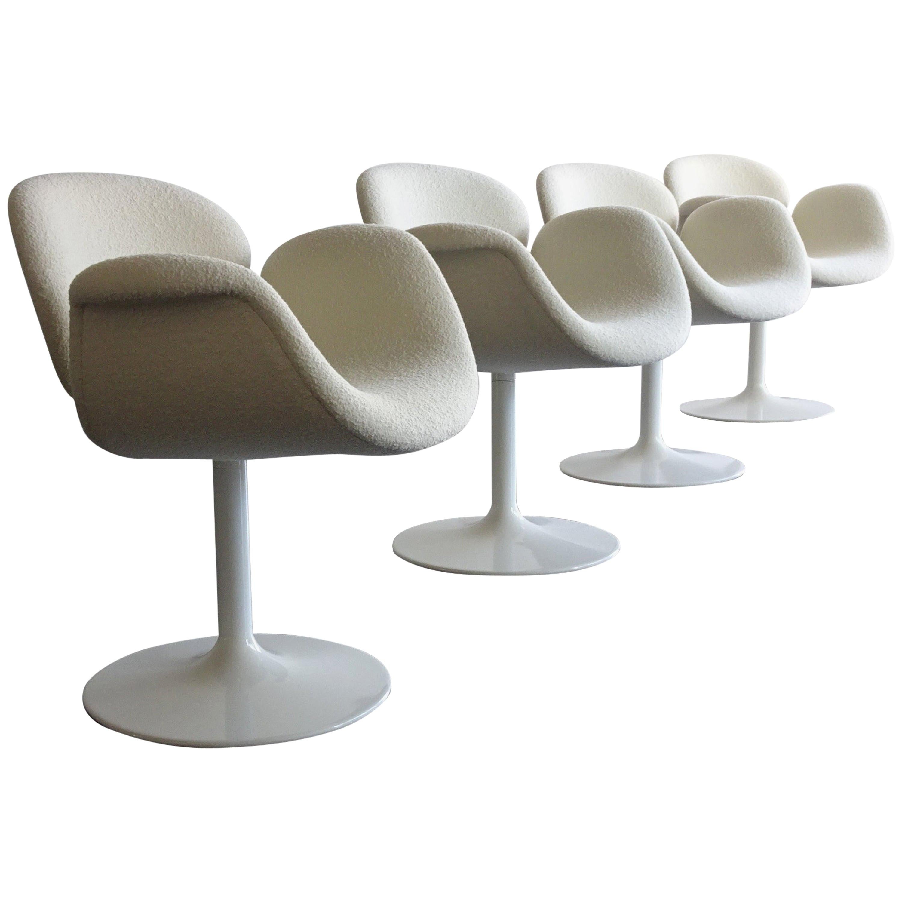4 Pierre Paulin Swivel Tulip Chairs & Knoll White Bouclé Fabric by Artifort 1960