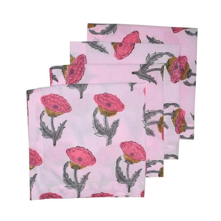 Contemporary 4 Pink and Green Floral Block Print Table Napkins - India Set of Four For Sale