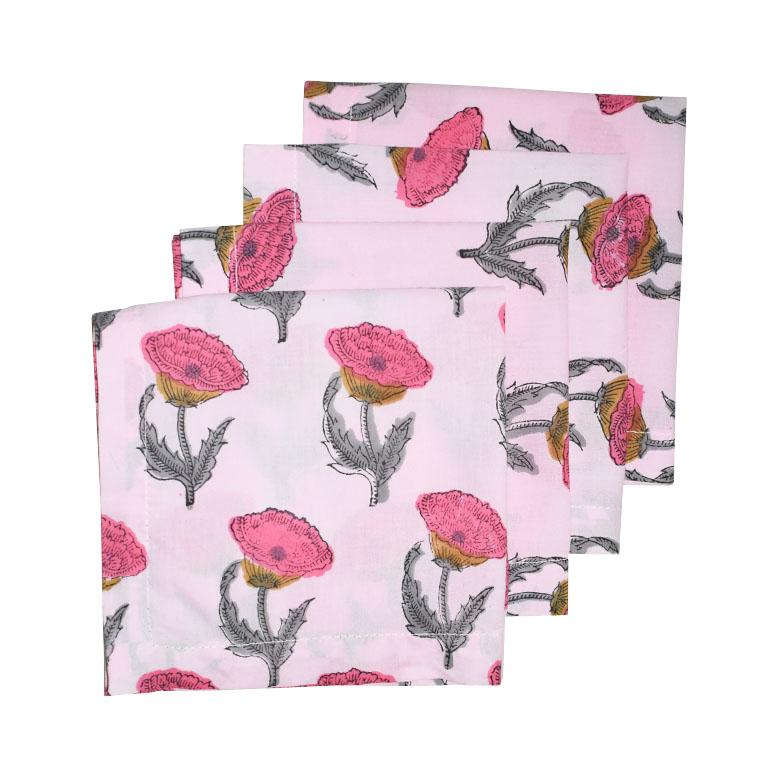 Fabric 4 Pink and Green Floral Block Print Table Napkins - India Set of Four For Sale