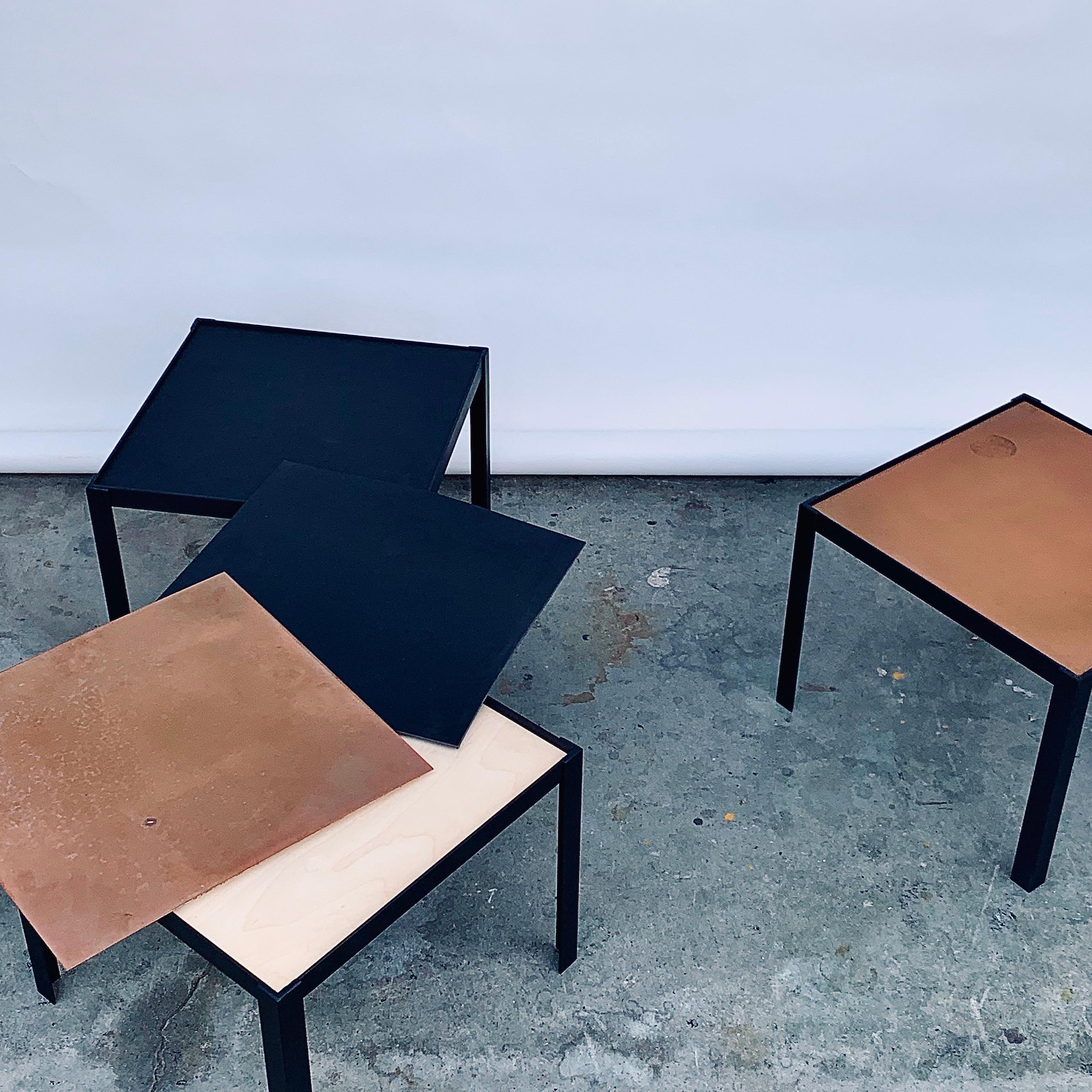 4 'Pion' Black Leather and Patinated Brass Occasional Tables by Design Frères For Sale 3