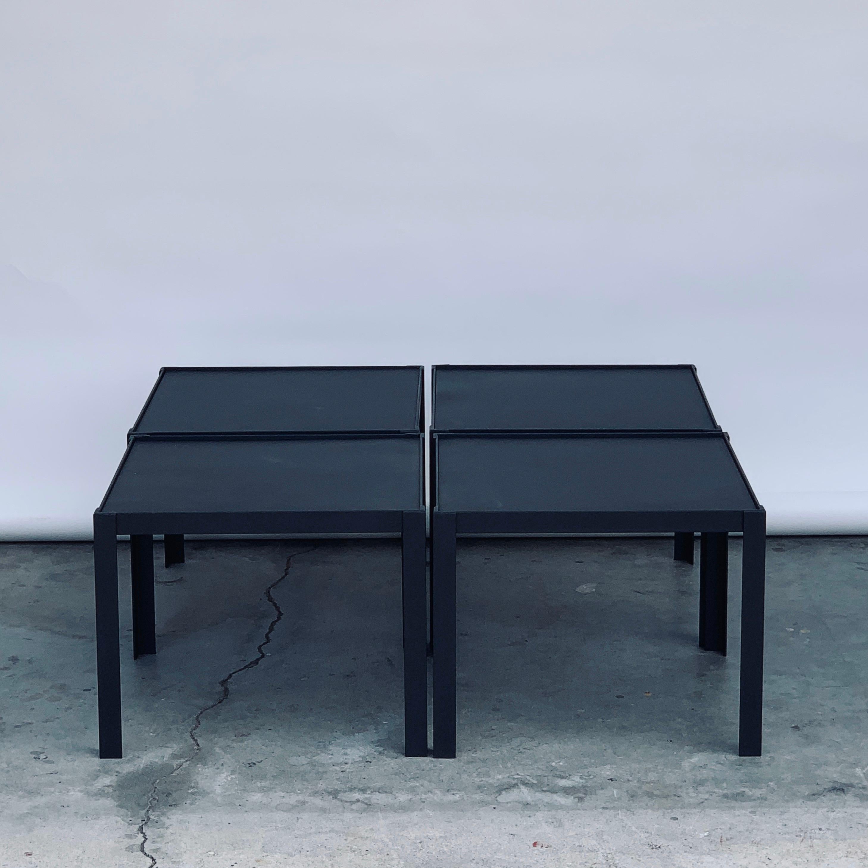 North American 4 'Pion' Black Leather and Patinated Brass Occasional Tables by Design Frères For Sale