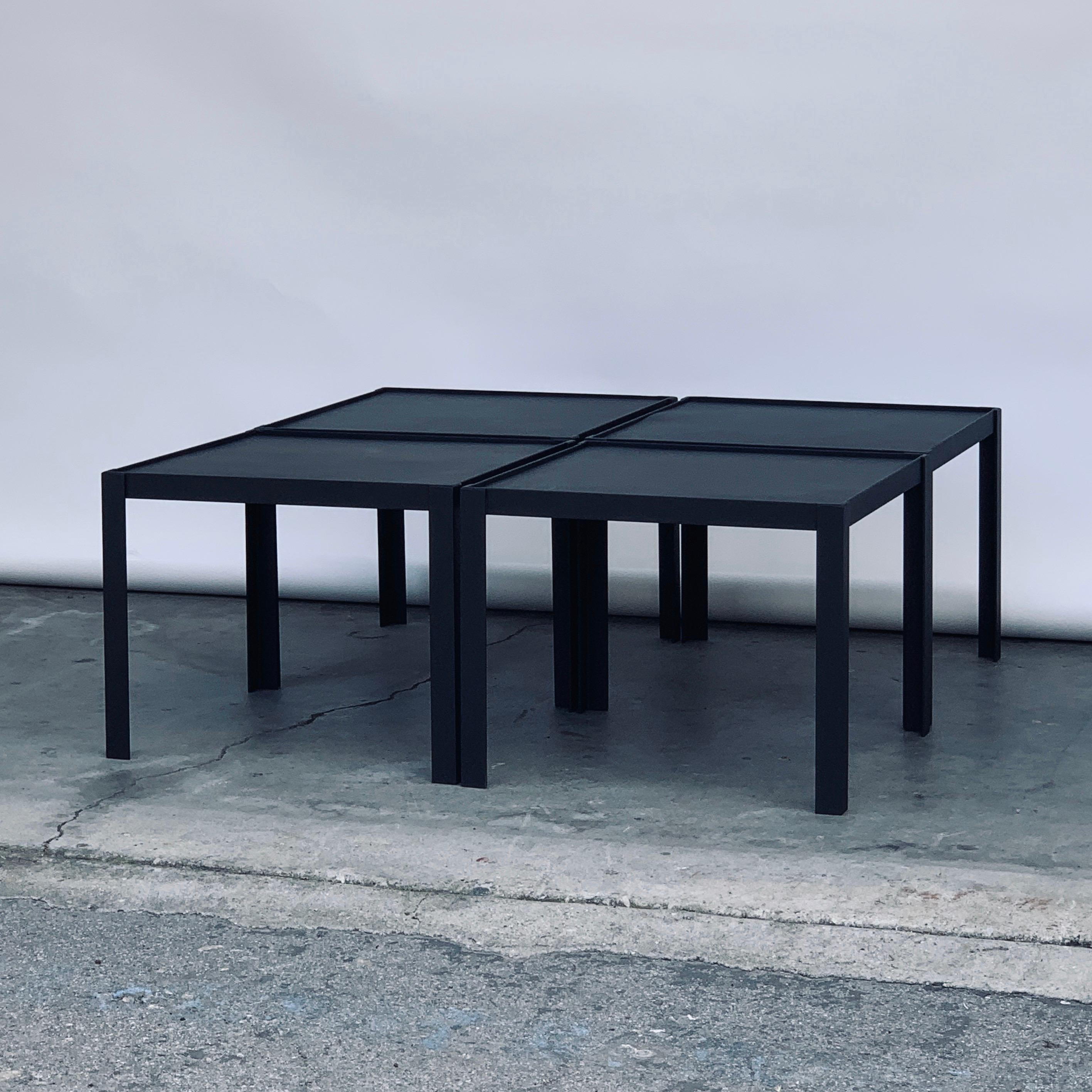 Painted 4 'Pion' Black Leather and Patinated Brass Occasional Tables by Design Frères For Sale