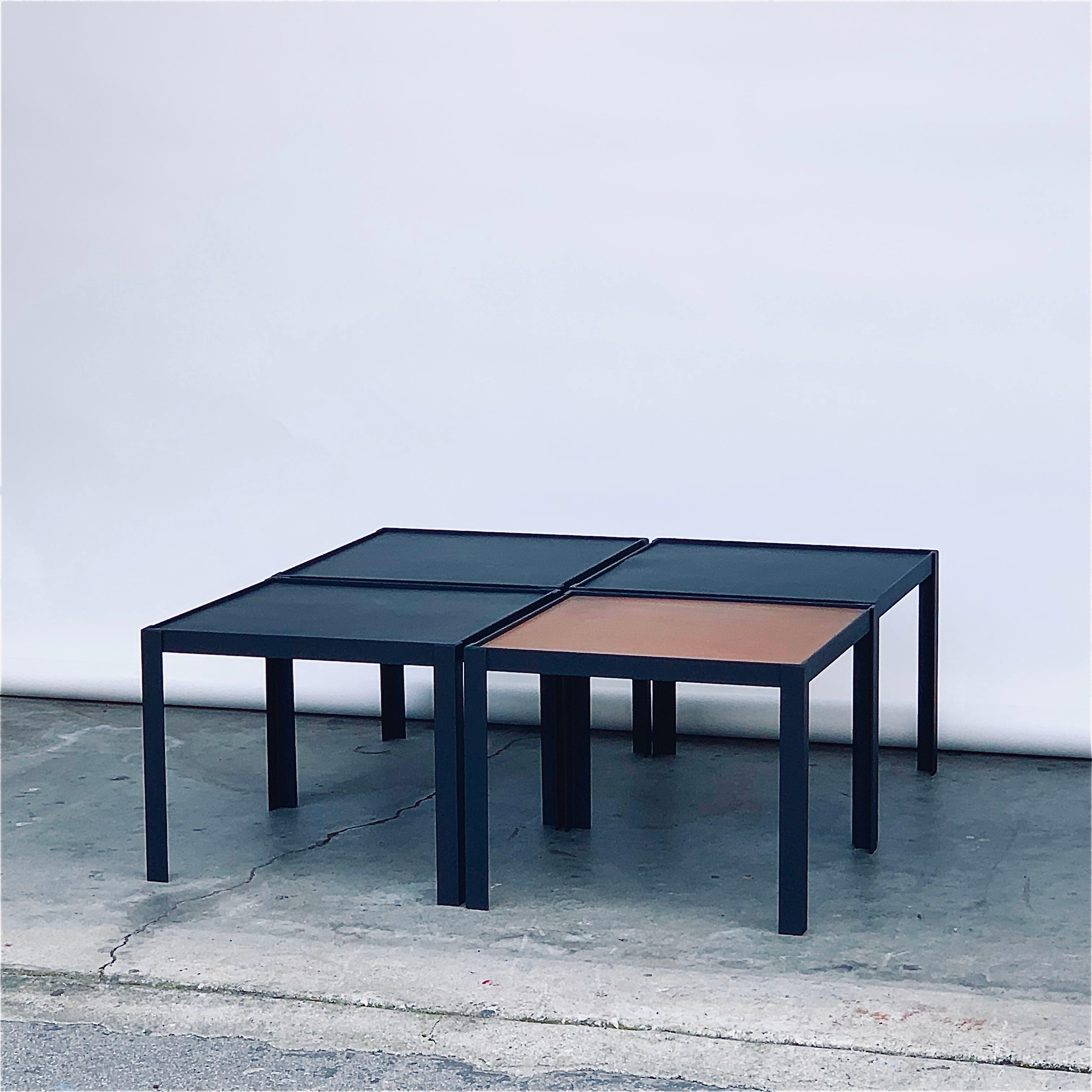 4 'Pion' Black Leather and Patinated Brass Occasional Tables by Design Frères For Sale 1