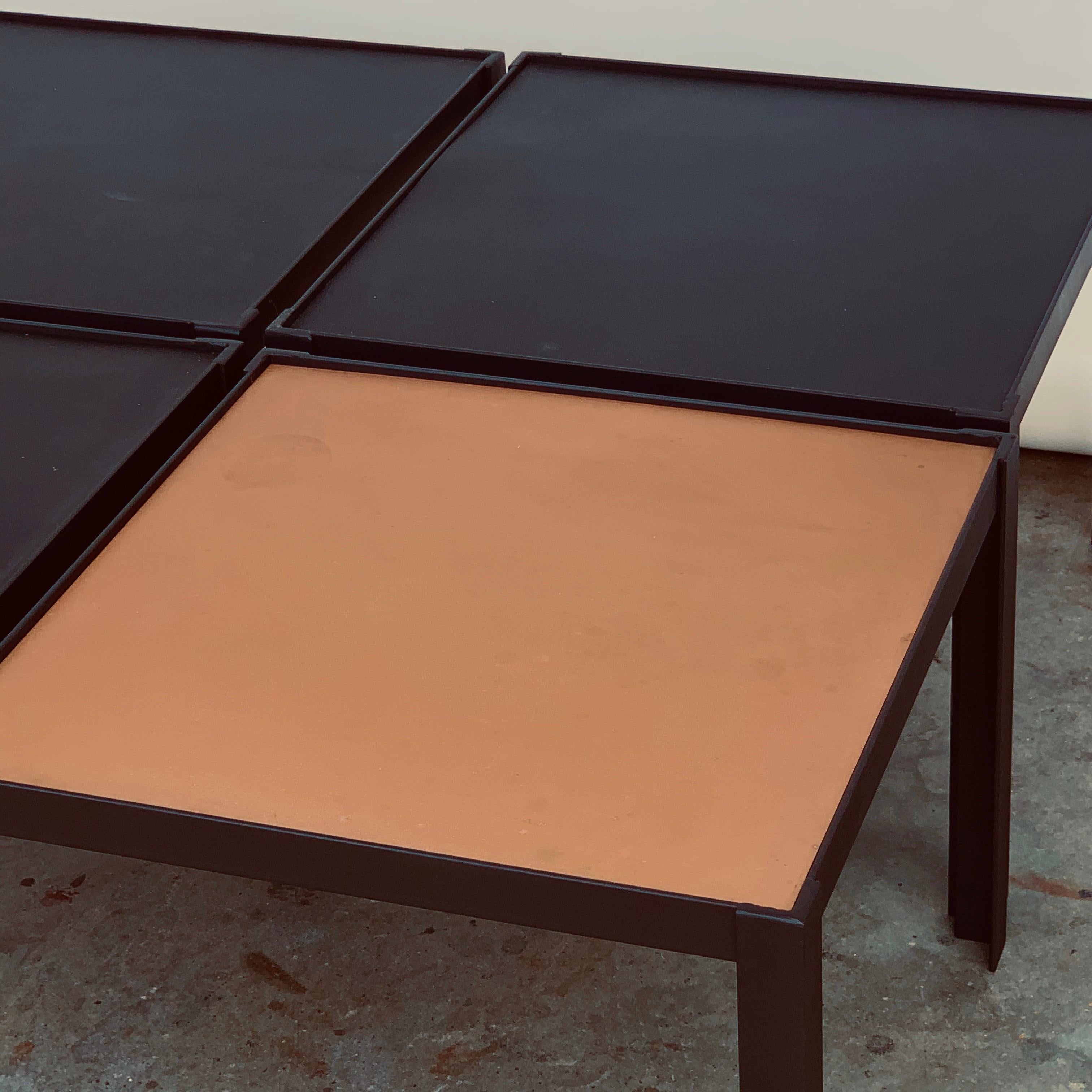 Steel 4 'Pion' Black Leather and Patinated Brass Occasional Tables by Design Frères For Sale