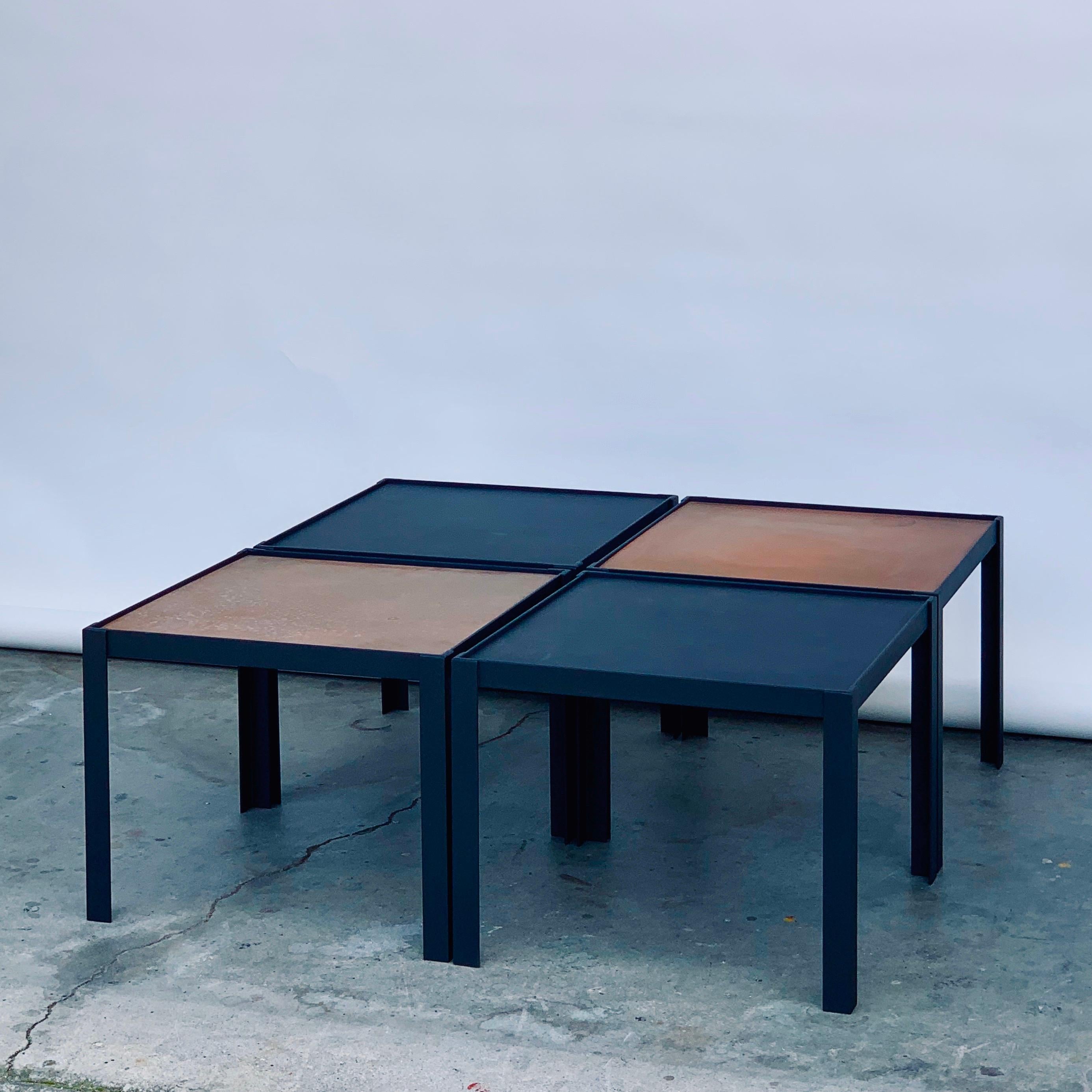 4 'Pion' Black Leather and Patinated Brass Occasional Tables by Design Frères For Sale 1
