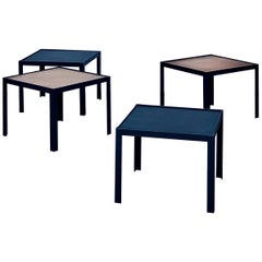 4 'Pion' Black Leather and Patinated Brass Occasional Tables by Design Frères