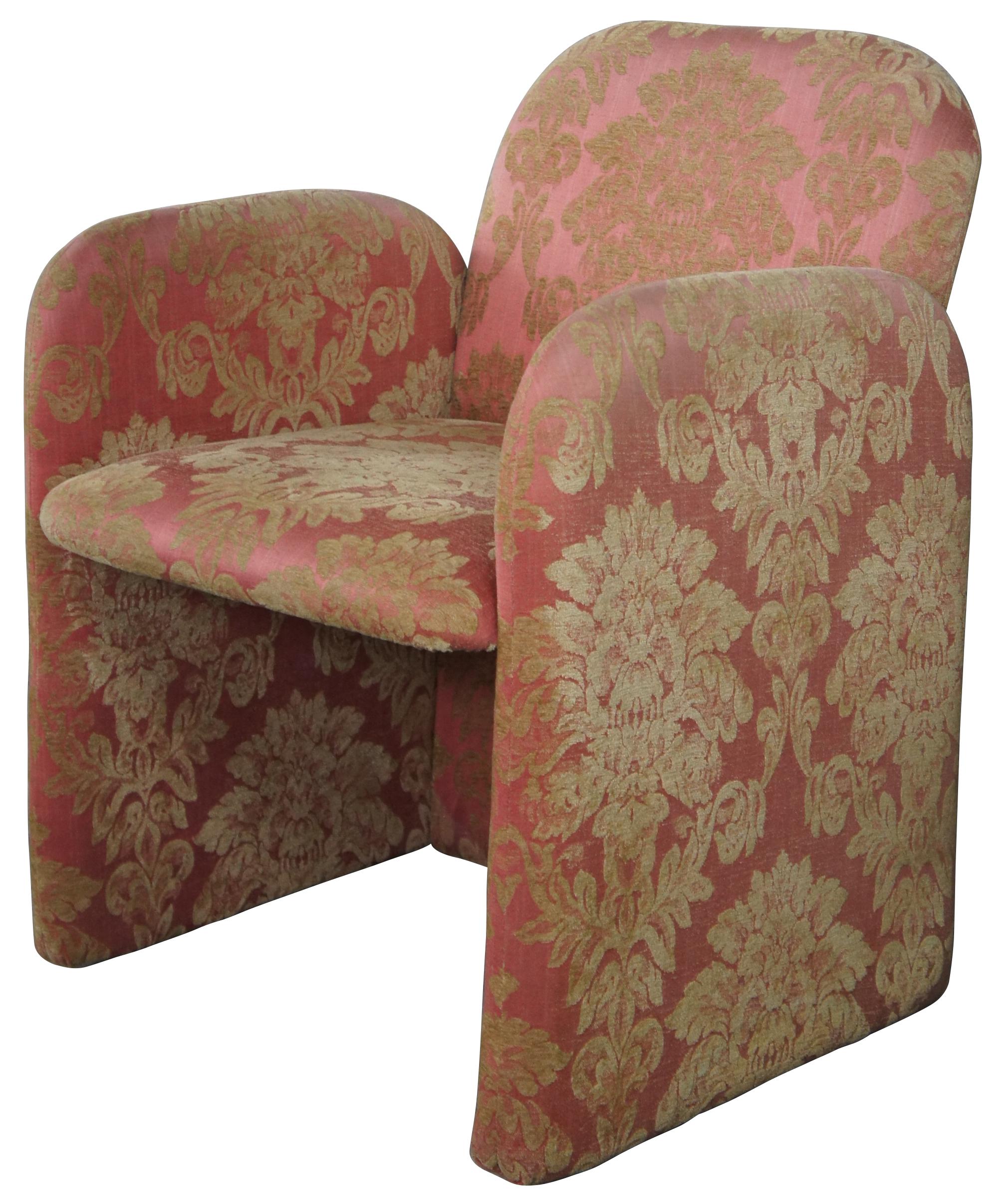 4 Post Modern Chiclet Dining or Game Arm Chairs on Wheels Brocade Fabric Cubic In Good Condition In Dayton, OH