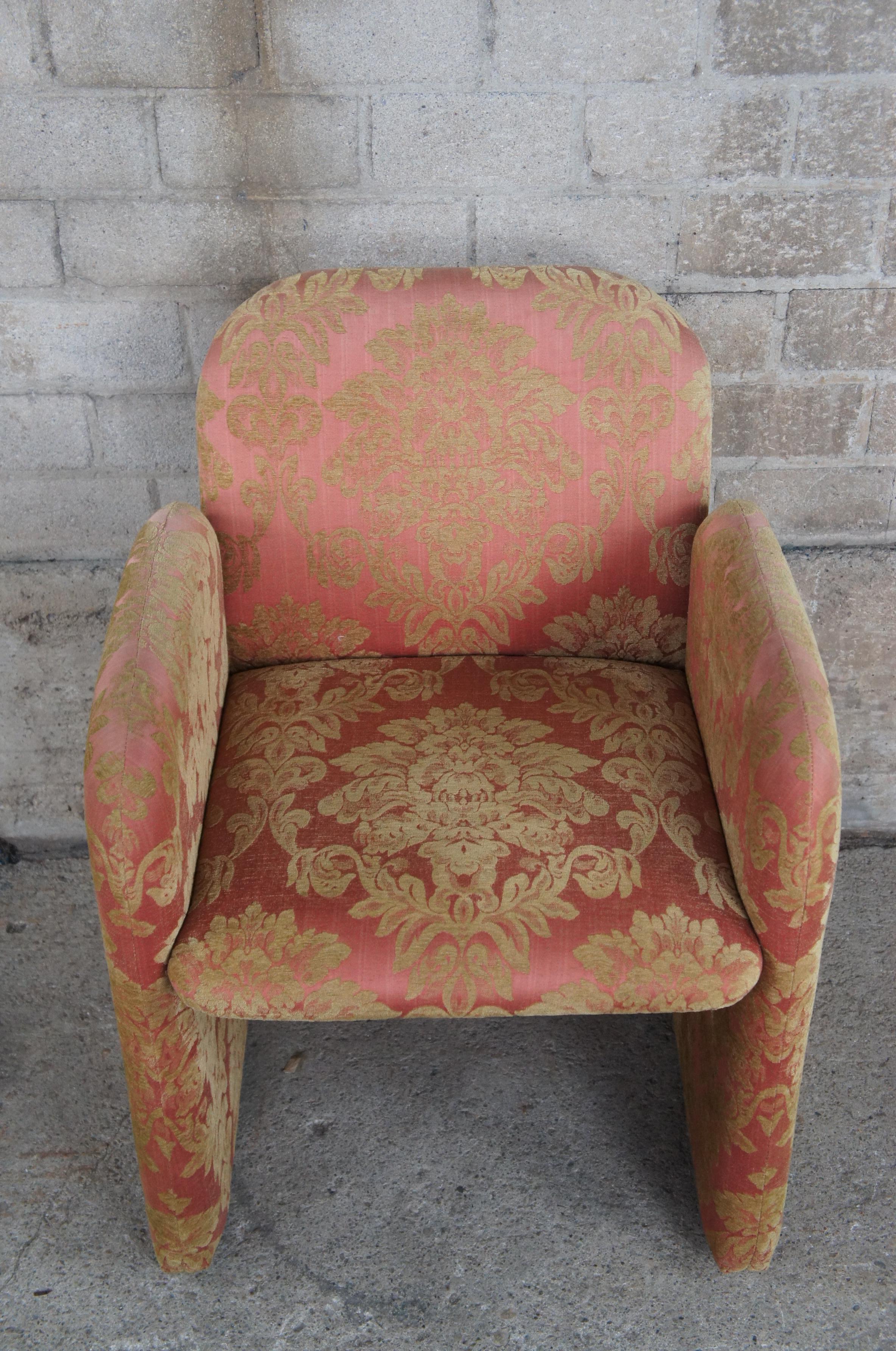 Late 20th Century 4 Post Modern Chiclet Dining or Game Arm Chairs on Wheels Brocade Fabric Cubic