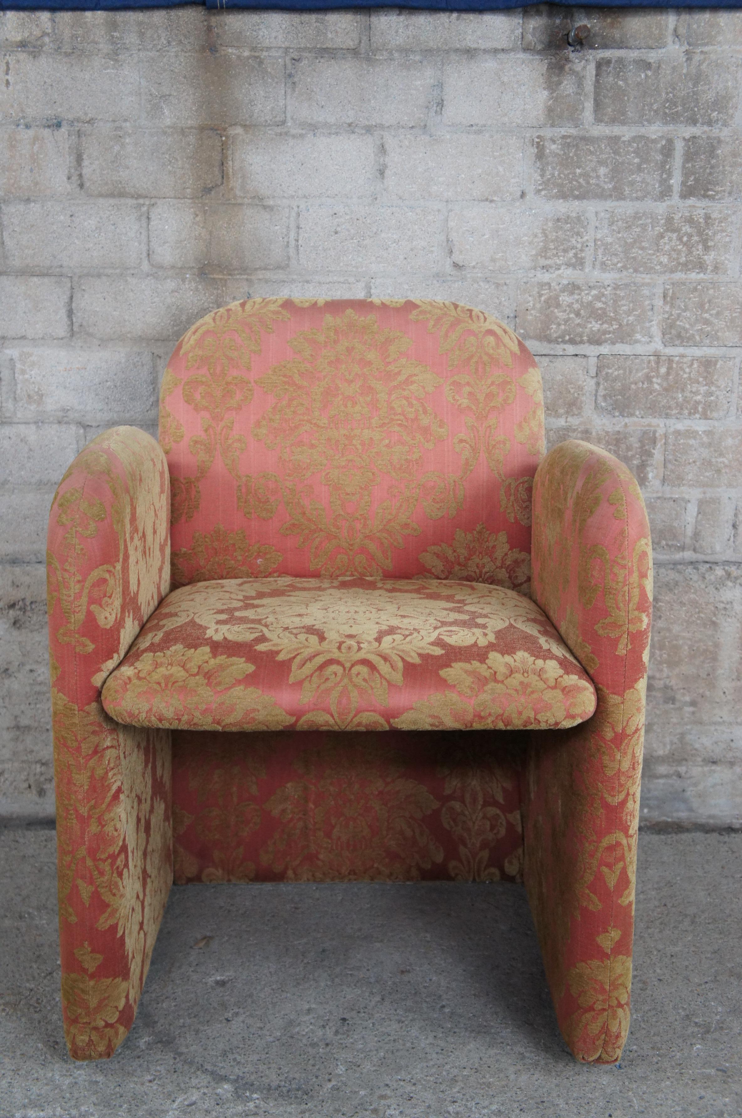 Upholstery 4 Post Modern Chiclet Dining or Game Arm Chairs on Wheels Brocade Fabric Cubic