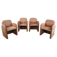 4 Post Modern Chiclet Dining or Game Arm Chairs on Wheels Brocade Fabric Cubic