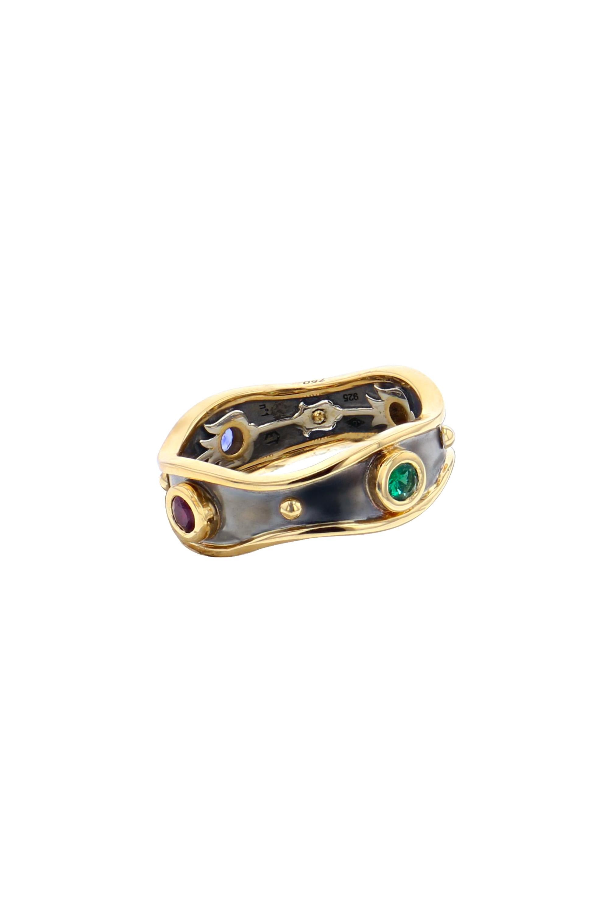 4 Précieuses Diamant, Saphir, Rubin & Smaragd Bandeau Ring von Elie Top (Rosenschliff) im Angebot