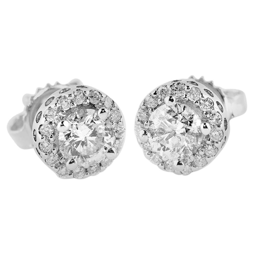 4-Prong Setting Pave Diamond Round Stud Earring Pair 14K Gold 1.01 Carat 'G-H' For Sale