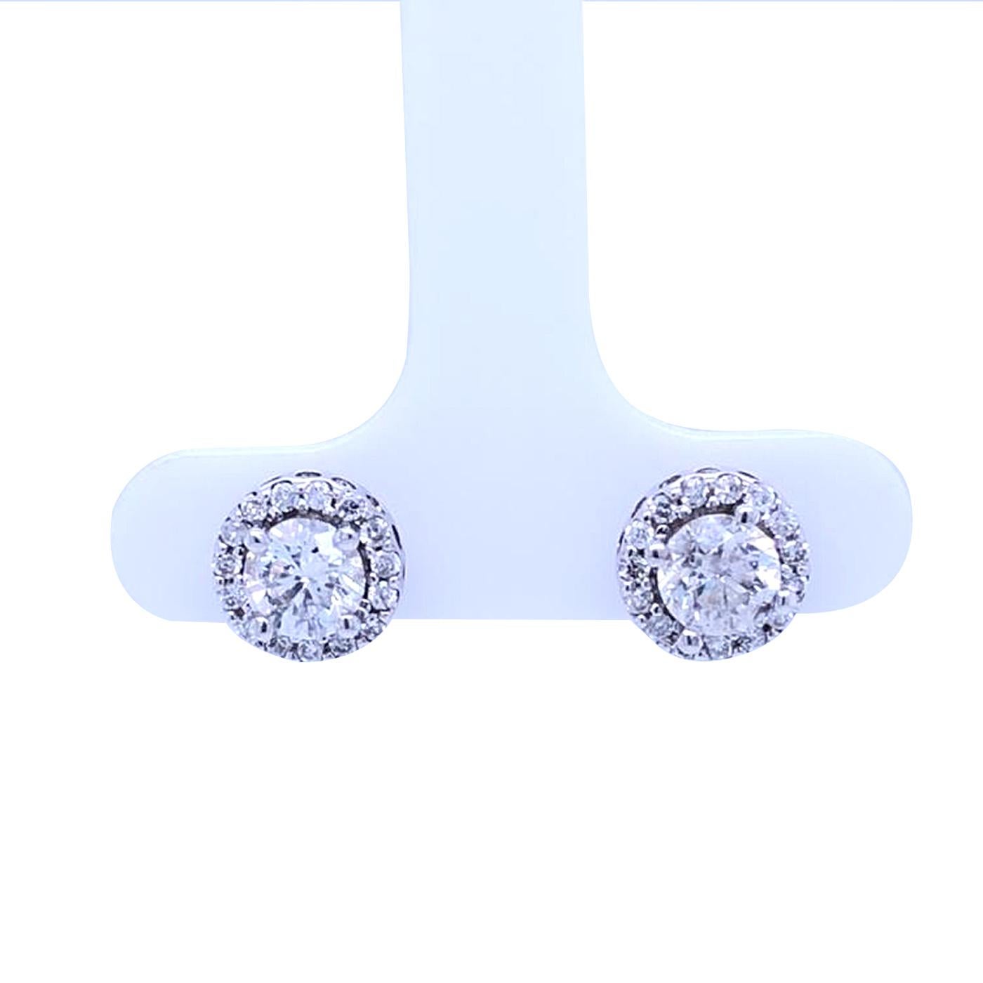 Modernist 4-Prong Setting Pave Diamond Round Stud Earring Pair 14K Gold 1.01 Carat 'G-H' For Sale