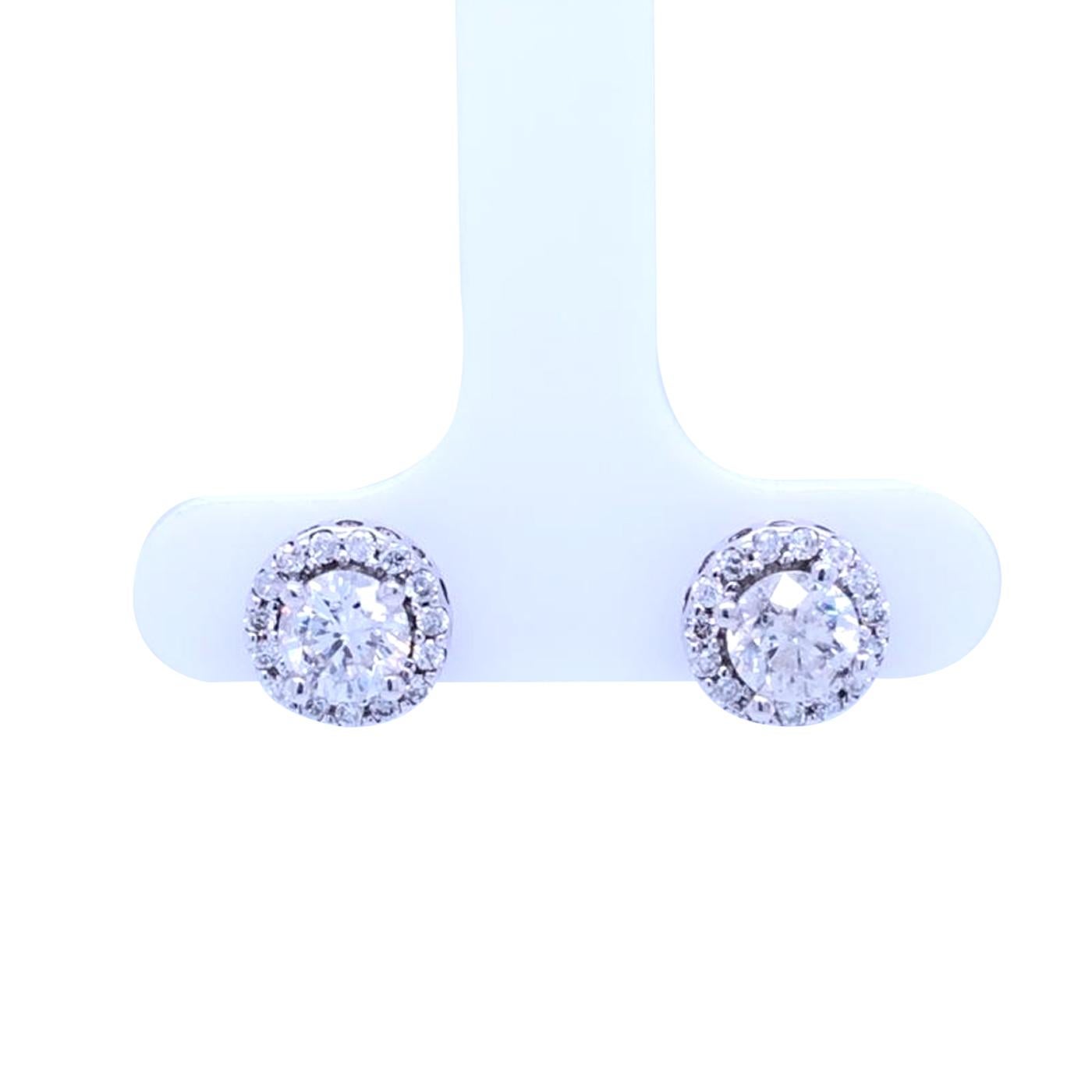 Round Cut 4-Prong Setting Pave Diamond Round Stud Earring Pair 14K Gold 1.01 Carat 'G-H' For Sale