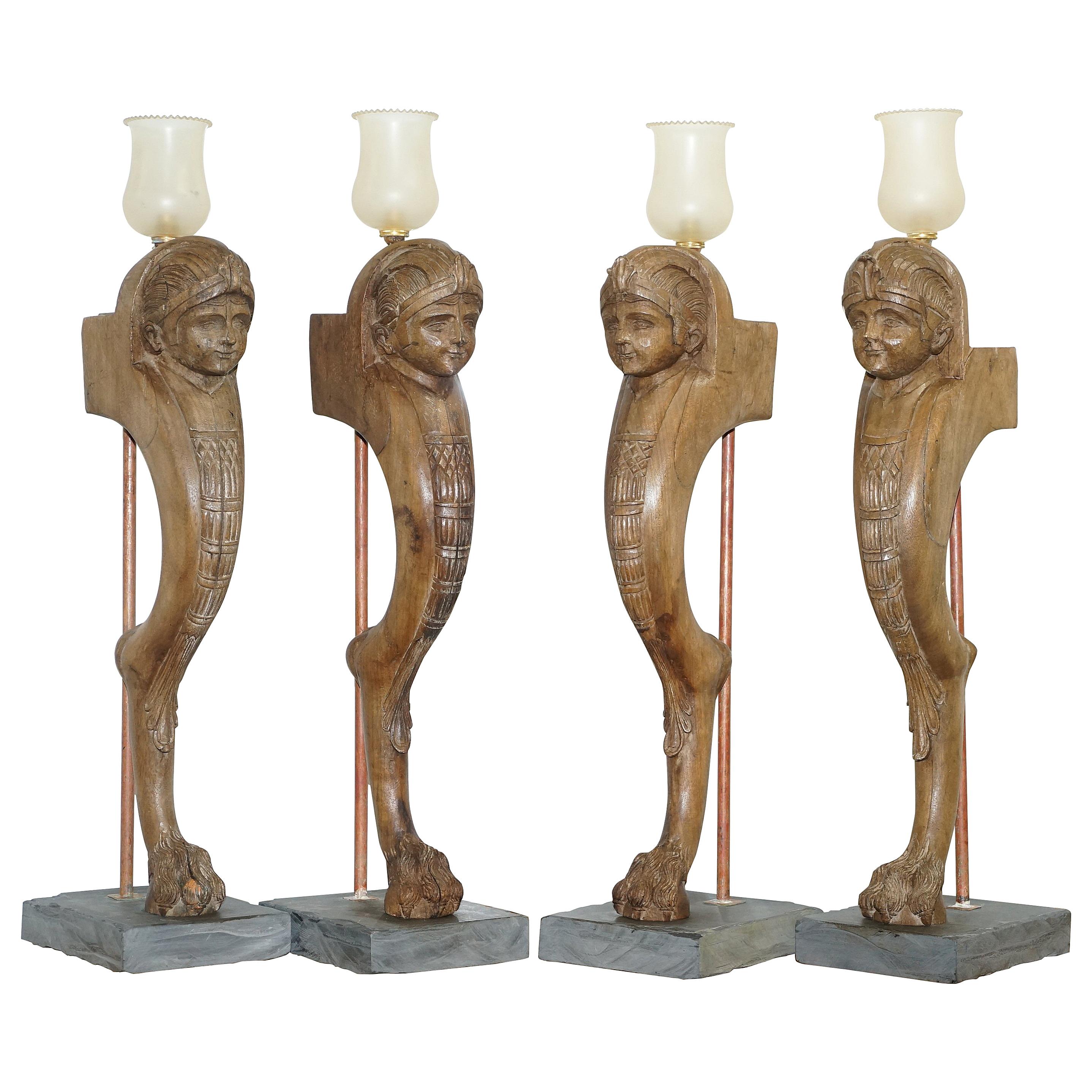 4 rares lampes monopodes néoclassiques françaises Louis xviii de 1820 avec pieds en pattes de lion