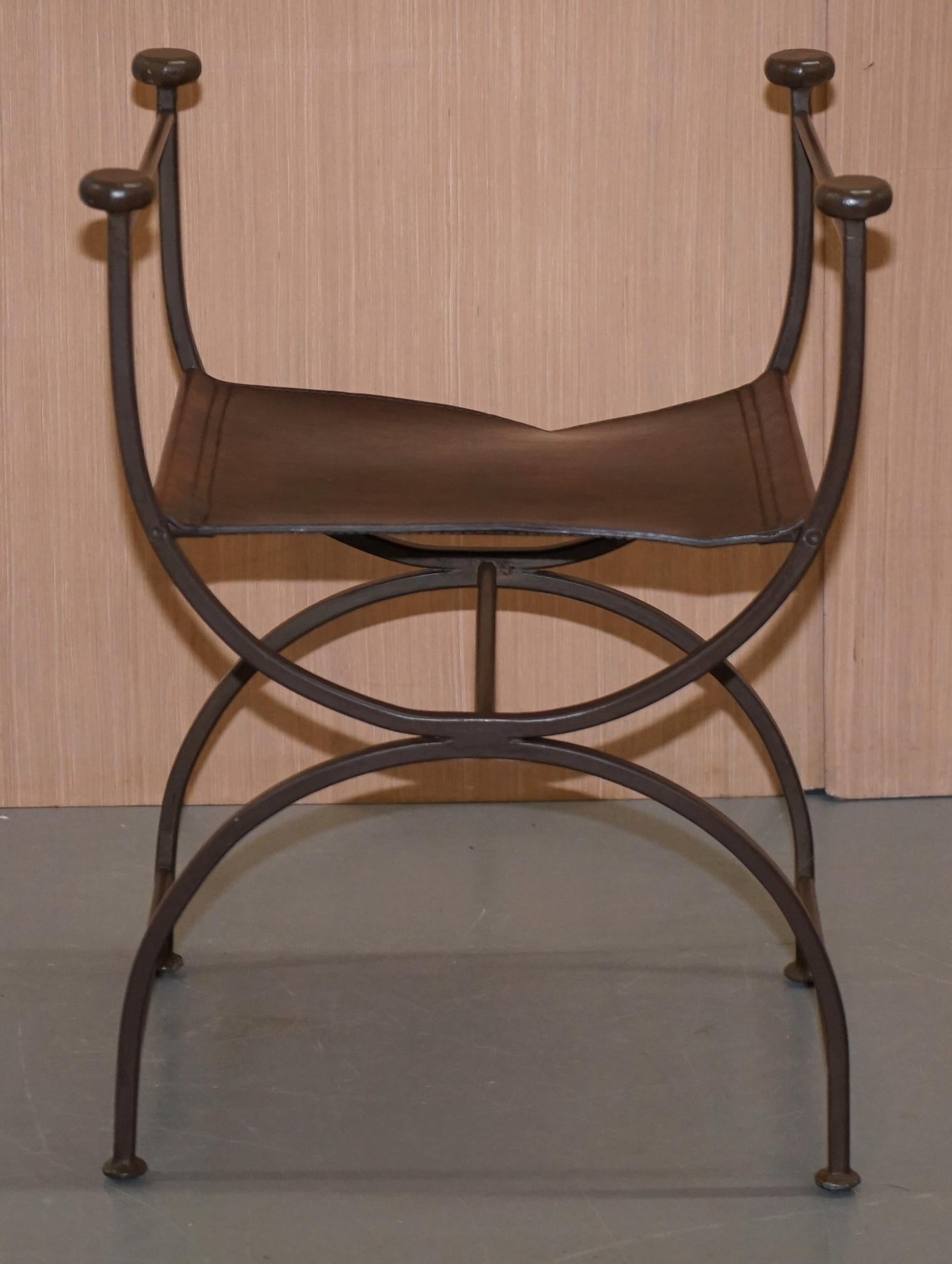 4 Rare Iron Brown Leather Italian Savonarola Directors Chair Stools Part Suite 5