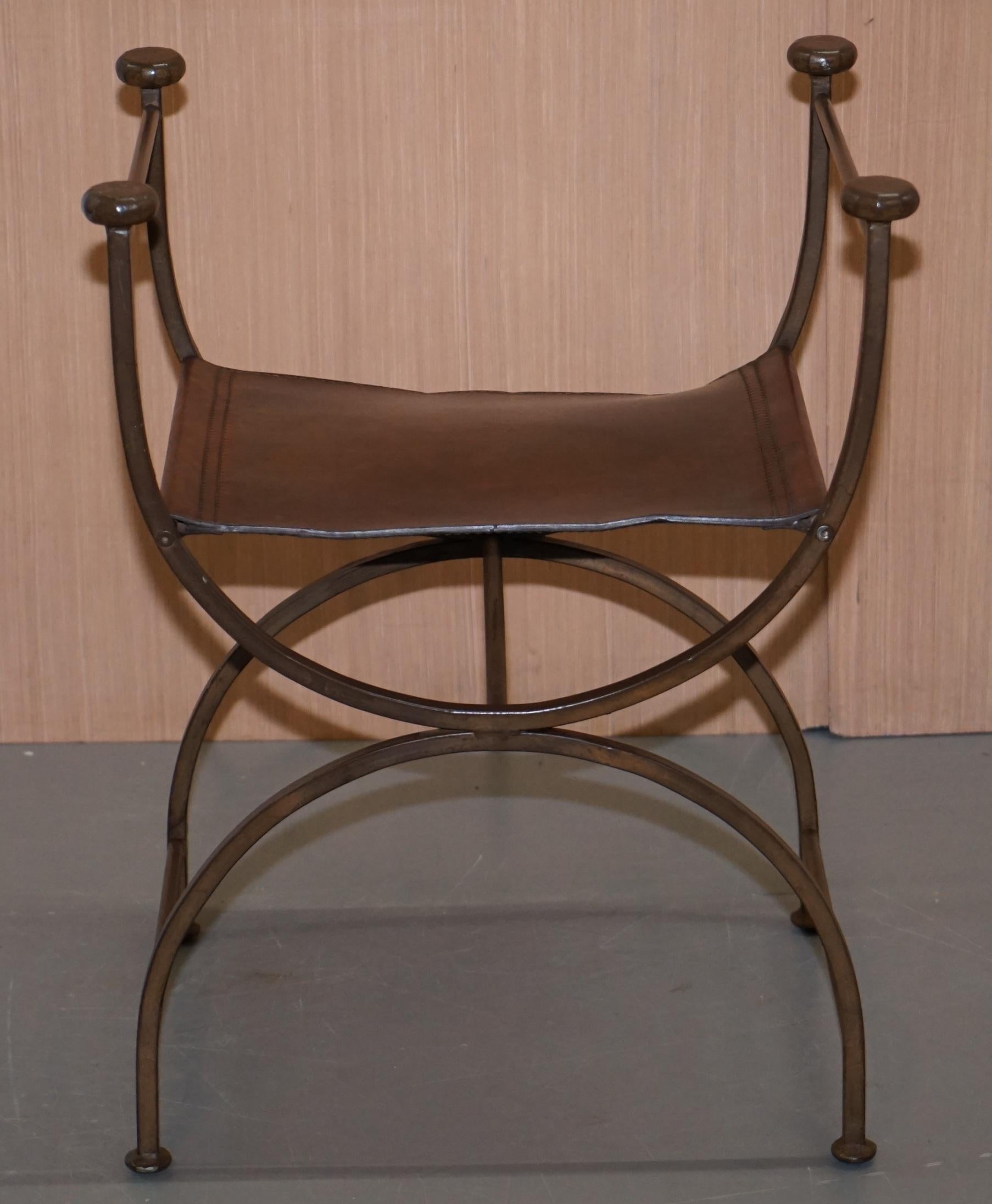 Modern 4 Rare Iron Brown Leather Italian Savonarola Directors Chair Stools Part Suite