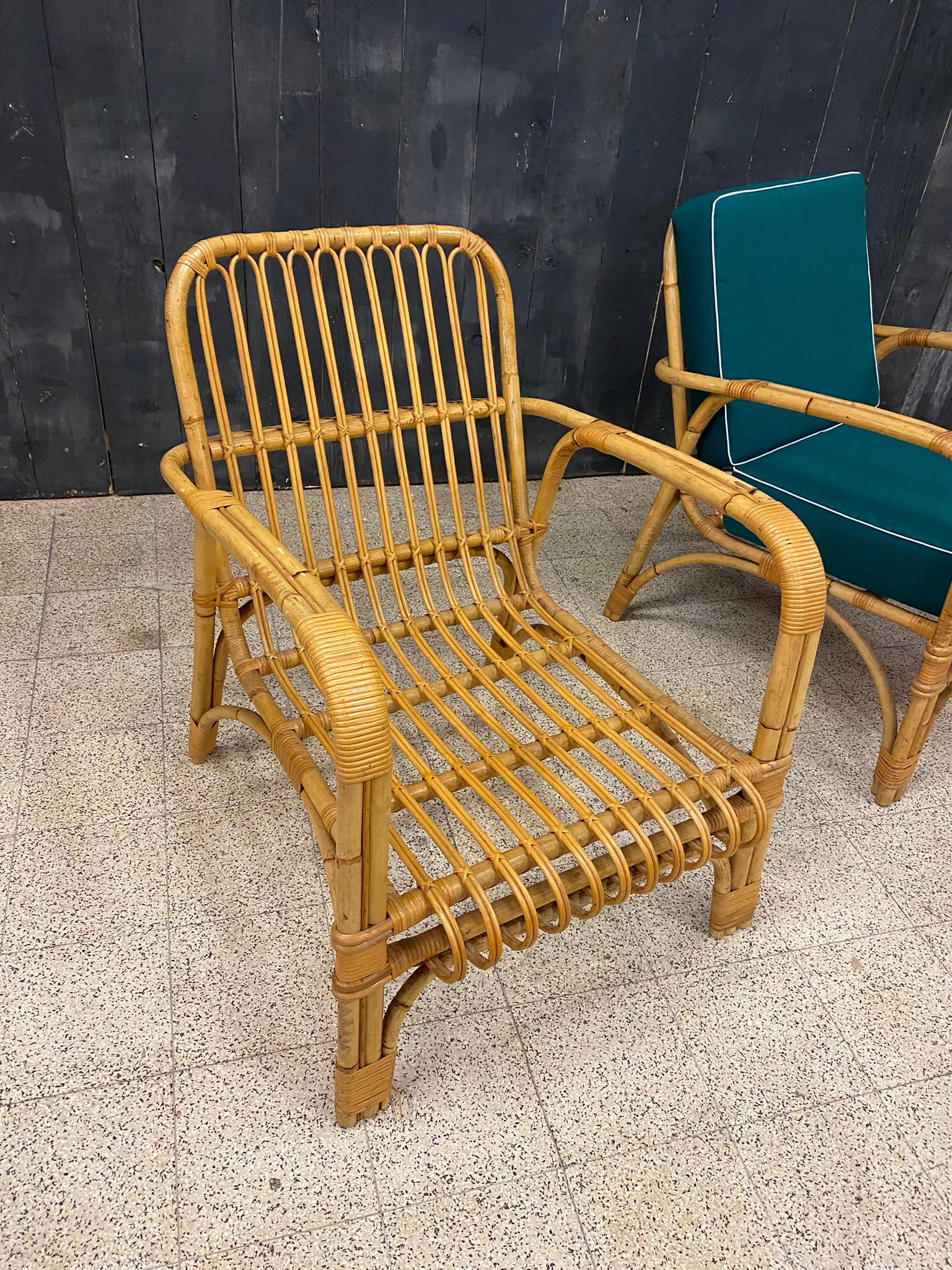 4 Rattan Armchairs and Their Cushions, circa 1970-1980 For Sale 8
