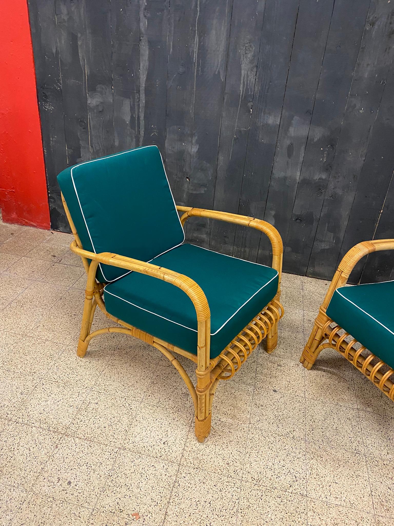 Mid-Century Modern 4 Rattan Armchairs and Their Cushions, circa 1970-1980 For Sale