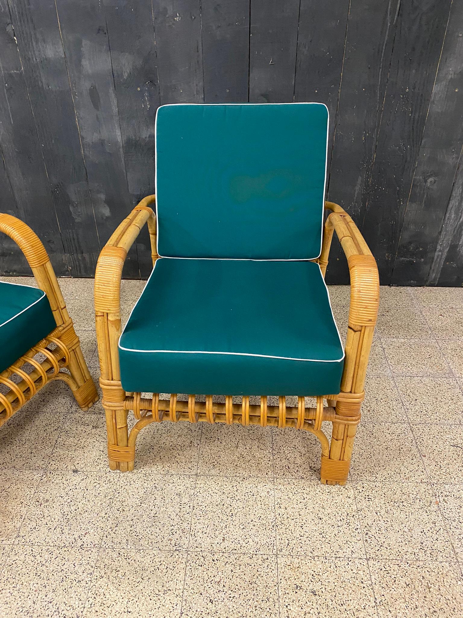 Bamboo 4 Rattan Armchairs and Their Cushions, circa 1970-1980 For Sale
