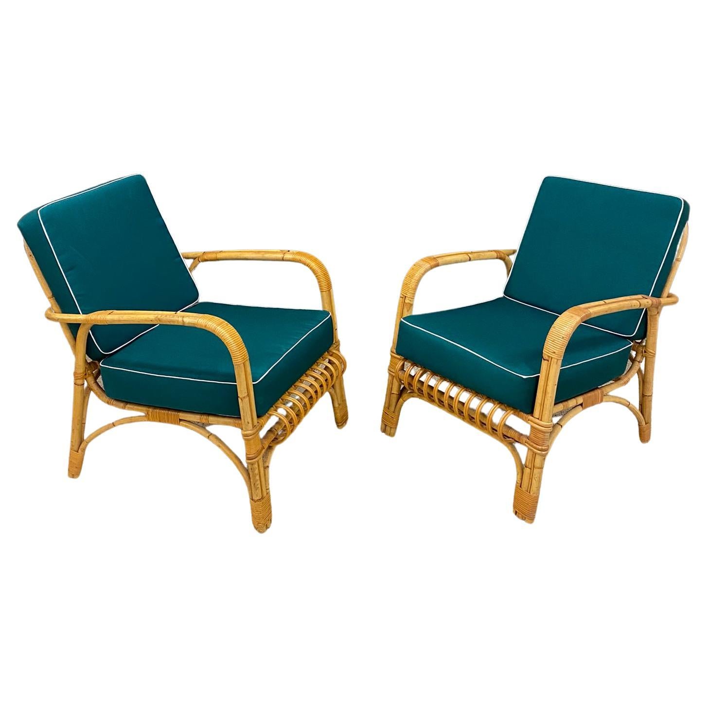 4 fauteuils en rotin et leurs coussins, datant d'environ 1970-1980