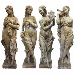 4 Reconstituted Stone Garden Statues with Base - the Four Seasons Early 20th Cen